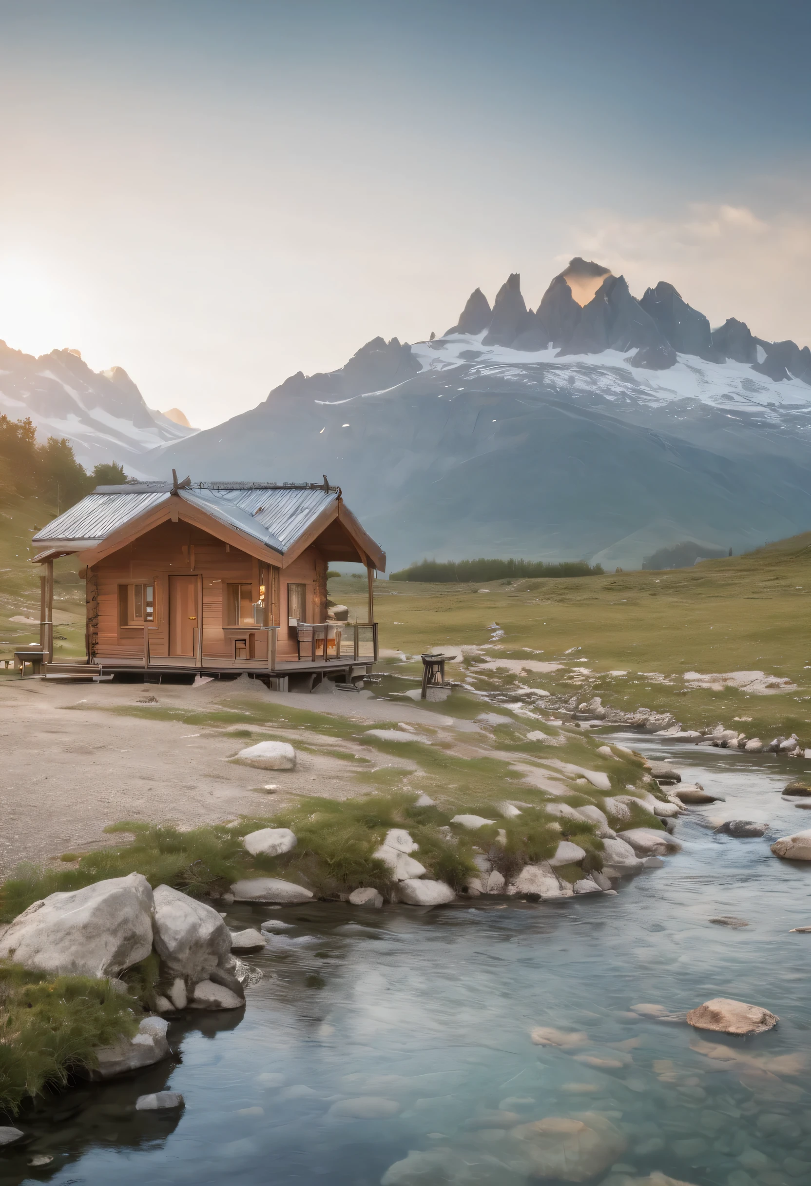 Highly realistic photos in 8K,soft colors, majestic plateau ,Sunny,stream ,small fish, Very clean water,beautiful hut, Camping equipment,Complex, (highest quality, masterpiece, Representative works, official art, Professional, )