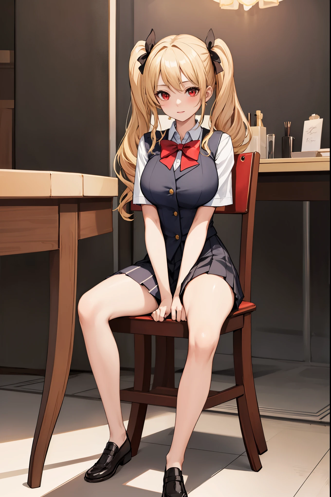 (masterpiece:1.2, highest quality), woman, ,one person,school uniform,blonde,Wave twin tails,red eyes, (black skin),open chest,Big breasts,beautiful hands,beautiful fingers,luxury chair,sit with knees close together,beautiful legs,