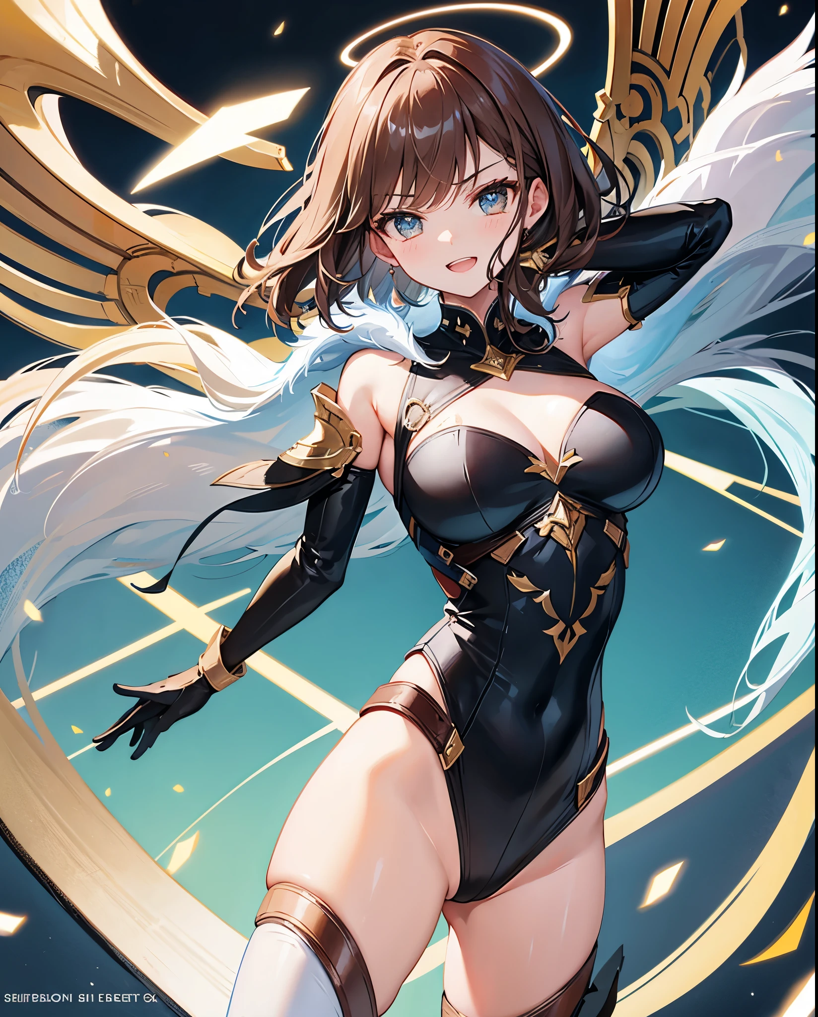 fantasy, 1angel_girl,, ,brown_hair, medium_bob_hair, long_bangs, halo,bare_shoulder,thighhighs,silver_armor, waist_armor, large_breasts,angry,grinning,open_mouth_teeth, 1pair_wings, dynamic_pose_fighting,floating, bare_crotch, headgear,gauntlet, greaves,city_sky_background,slightly_spread_legs, solo, groin_naked,