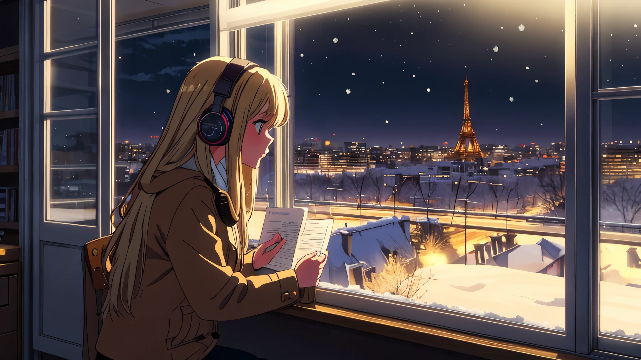 lofi study, a girl, writing, side, french girl, blond hair, long hair, headphones, winter clothes, window, paris background, snow night