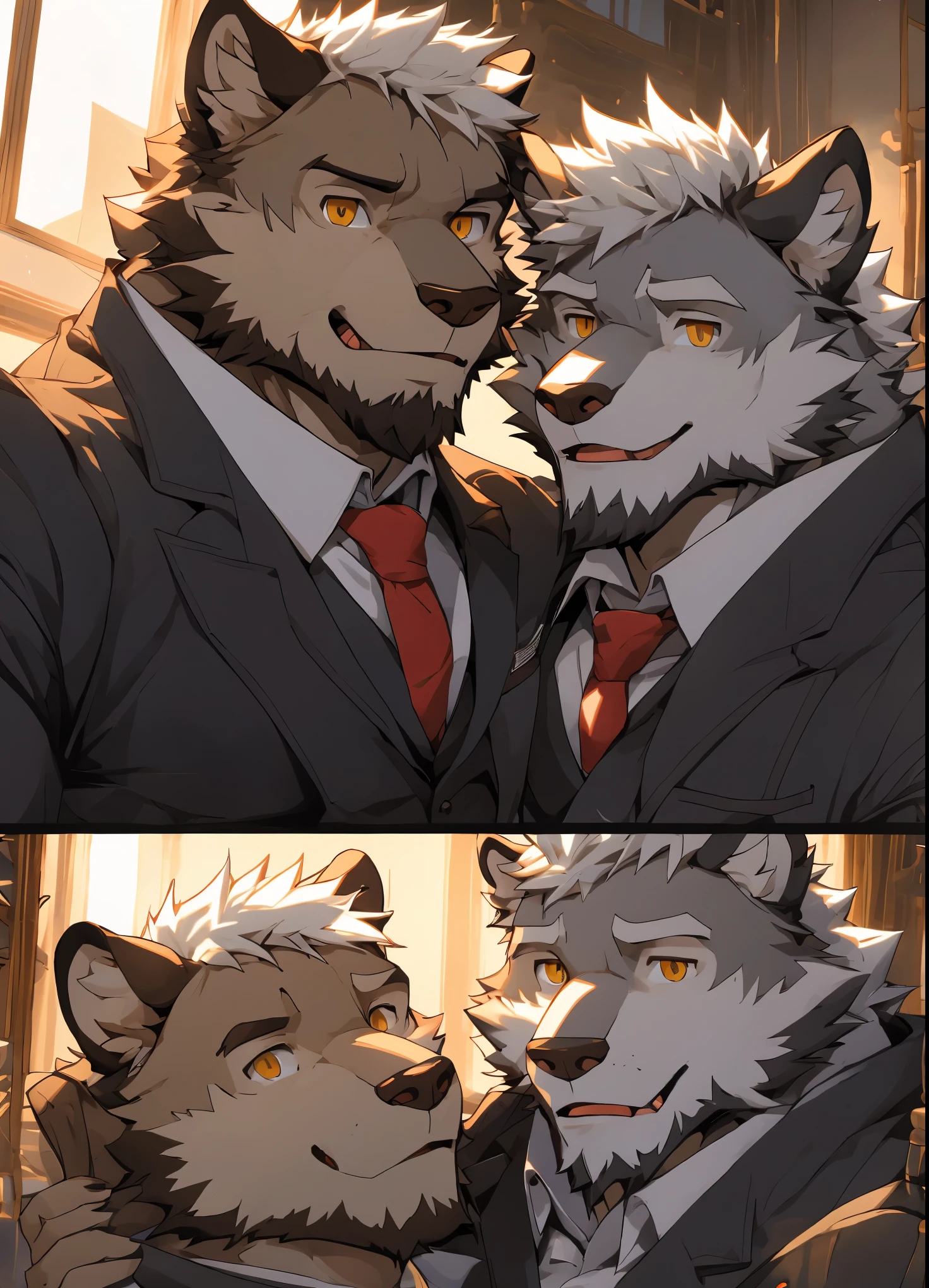 （masterpiece），（Very detailed），（best quality），hairy，Wolf，gray fur，white hair，golden pupils，muscular，Smile（Blushing 1.1），（black casual wear 1.2），（（Two boys taking a selfie while looking at the camera with their heads leaning against each other）），8k，（Face close-up 1.5），（（high quality））