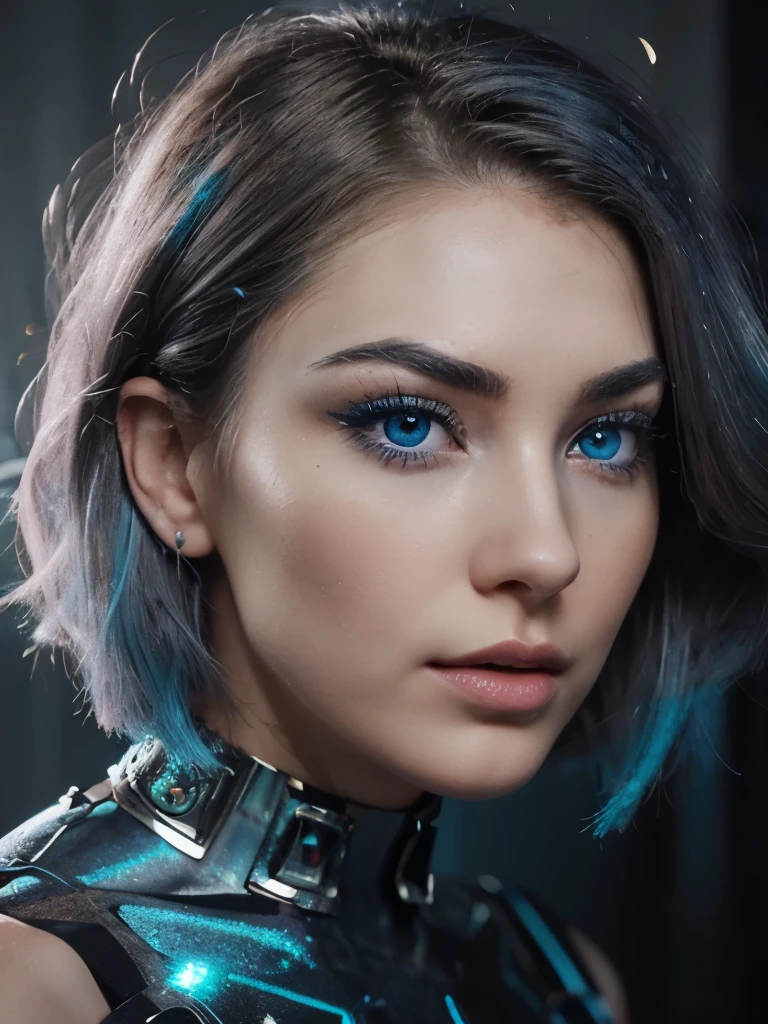 a 22 year old woman named Bella Brown, serious expression and striking appearance. My hair (((The hair, cut into a bob, takes on a metallic silver-gray shade that reflects like a cascade of brilliant light. The combination of modern cut and unusual color gives the face a contemporary and futuristic look.))) , framing my face and highlighting my very very large and bright blue eyes more than a normal human being, magnetic brightness. My full lips are slightly parted, as if I'm about to say something. Her button nose is redder than the rest of her pale skin. My (((electric blue colored eyebrows))) are thick, giving me a bold look. My cheekbones are high and defined and my eyelashes are long and curled. The lips, painted in bold shades of bright orange. Their chromatic intensity completes the extraordinary ensemble, giving an aura of glamor and sophistication to this girl with a memorable face.