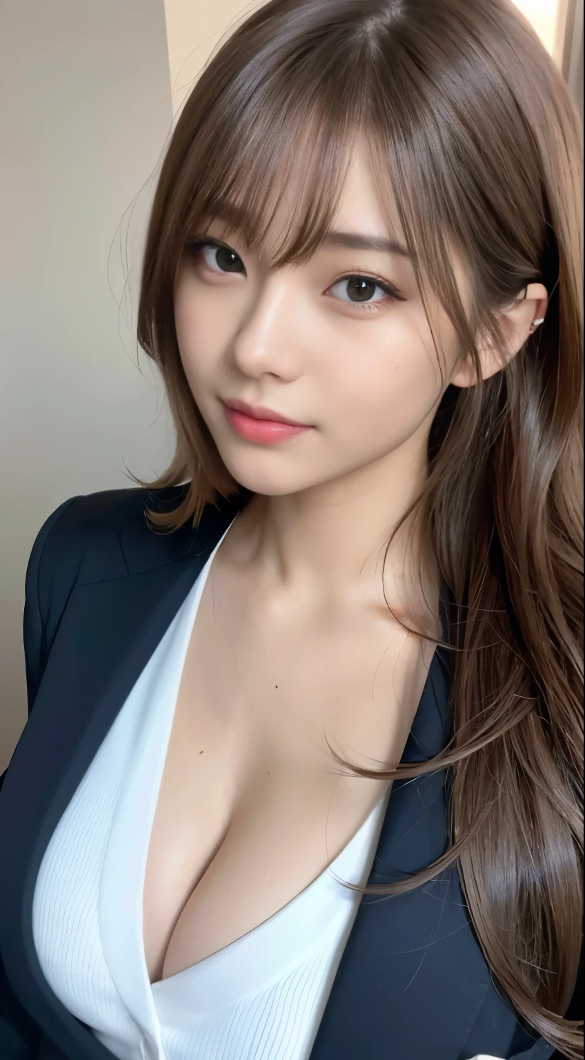 masutepiece, Best Quality, Photorealistic, Ultra-detailed, finely detail, High resolution, 8K Wallpaper, 1 beautiful woman,, light brown messy hair, in a business suit, sharp focus, Perfect dynamic composition, Beautiful detailed eyes, detailed hairs, Detailed realistic skin texture, Smiling, Close-up portrait、Model body type、、very small breasts、Mole under the right eye