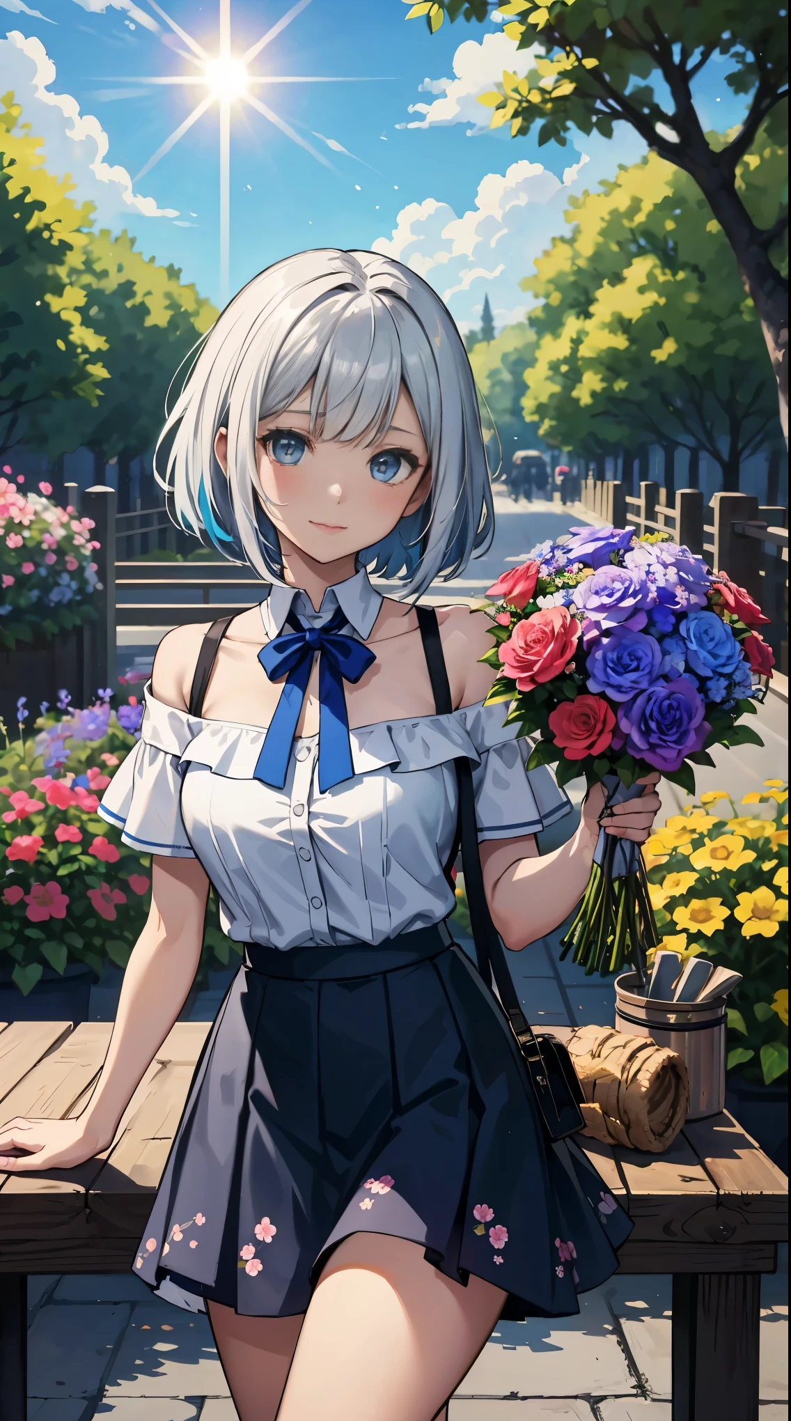 1 girl:1.2, cute, break（medium breasts:1.3), (outdoors), looking at the viewer, （gradient silver bob cut）, （blue eyes),（(flower garden, colorfulな花)）,（bright sunshine,Blue sky,White cloud）, break(printed off shoulder shirt), break（(twist skirt:1.5)）, cowboy shot, Americanism, fluid, particles of light, Sun rays, fine skin texture, (blush:0.5),  Scattered beneath the surface,break (8k wallpaper,table top, highest qualityの, highest quality, beautiful and aesthetic:1.2), very detailed, (colorful), best details,Turn on BREAK（holding a large bouquet in hand）