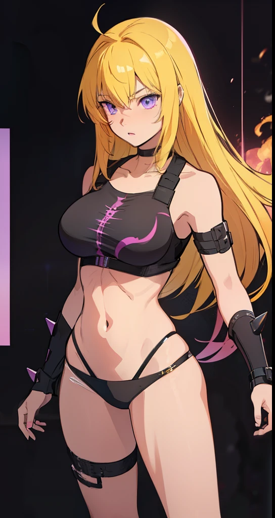 solo, 1girl, (masterpiece), ((17 year old appearance)), yellow hair, long hair, ahoje, spiky hair, big breasts, purple eyes, ((detailed eyes)), (strong body), (simple black cut ), sexy black outfit with white details, Looking at the screen, pink lipstick, (blurred background), purple flame effect, visible midriff, black panties, navel, (collarbone)