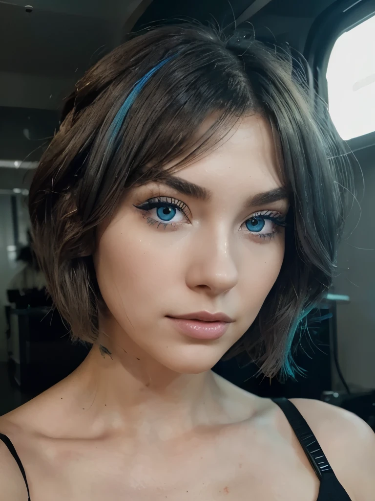 a 22 year old woman named Bella Brown, serious expression and striking appearance. My hair (((The wavy, bob-cut hair takes on a metallic silver-gray tone that reflects like a cascade of brilliant light. The combination of modern cut and unusual color gives the face a contemporary and futuristic look.)) ), framing my face and highlighting my very very large and bright blue eyes more than a normal human being, magnetic brightness. My full lips are slightly parted, as if I'm about to say something. Her button nose is redder than the rest of her pale skin. My (((electric blue colored eyebrows))) are thick, giving me a bold look. My cheekbones are high and defined and my eyelashes are long and curled. The lips, painted in bold shades of bright orange. Their chromatic intensity completes the extraordinary ensemble, giving an aura of glamor and sophistication to this girl with a memorable face.