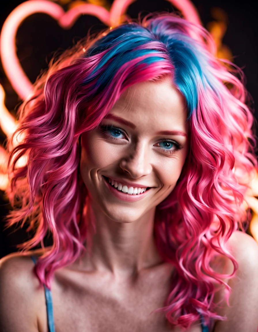 Smiling woman with pink hair and blue eyes in a dark room, with pink hair, wispy pink hair, flowing pink hair, pink hair, colorful portrait, bright pink face, cute girl with short pink hair, long flowing pink hair, red hair and attractive features, Bright hair, cute and smiling, light pink hair, light pink hair with pink flames, pink