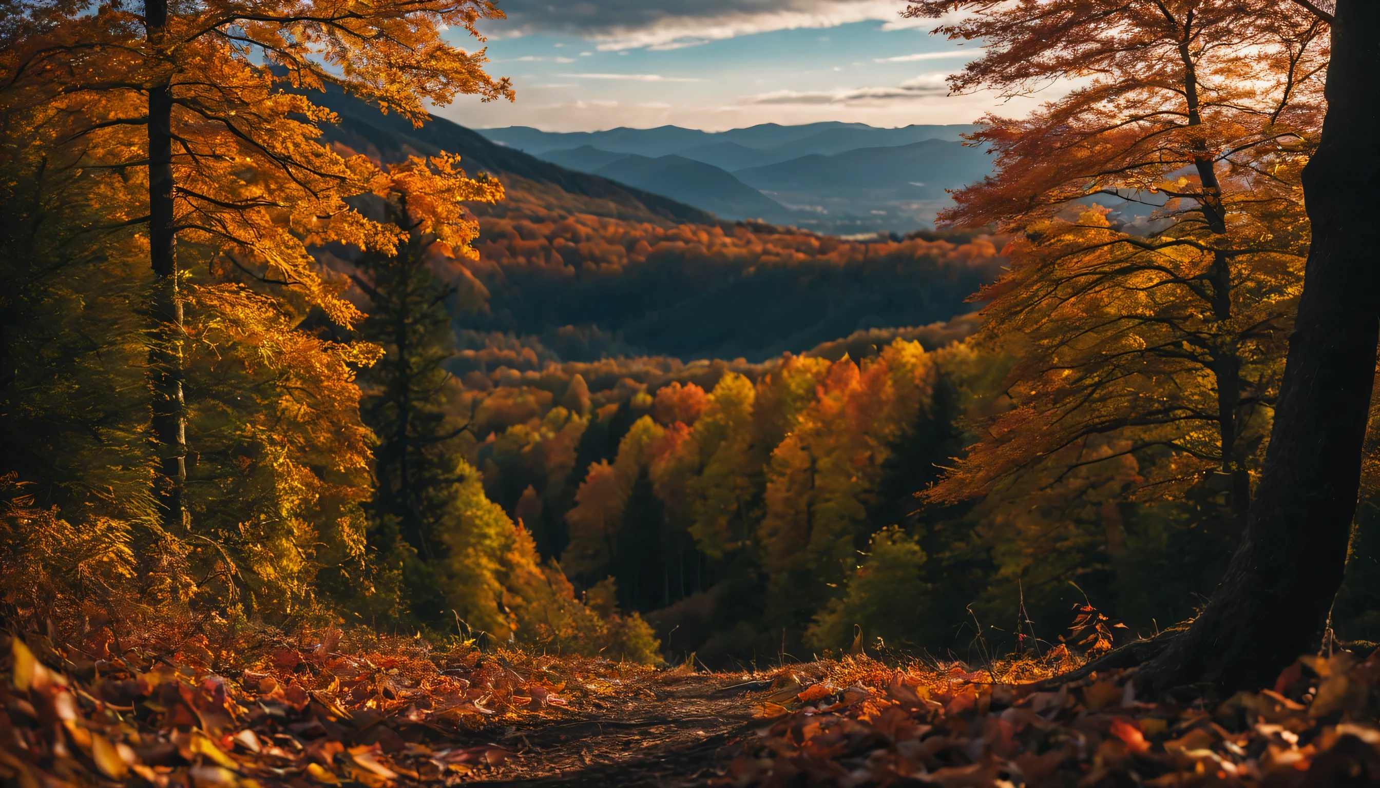 cinematic film still realistic, photography, forest landscape, mountains in background, beautiful sky, vibrant autumn colors, 8k, uhd, masterpiece, spectacular . shallow depth of field, vignette, highly detailed, high budget, bokeh, cinemascope, moody, epic, gorgeous, film grain, grainy