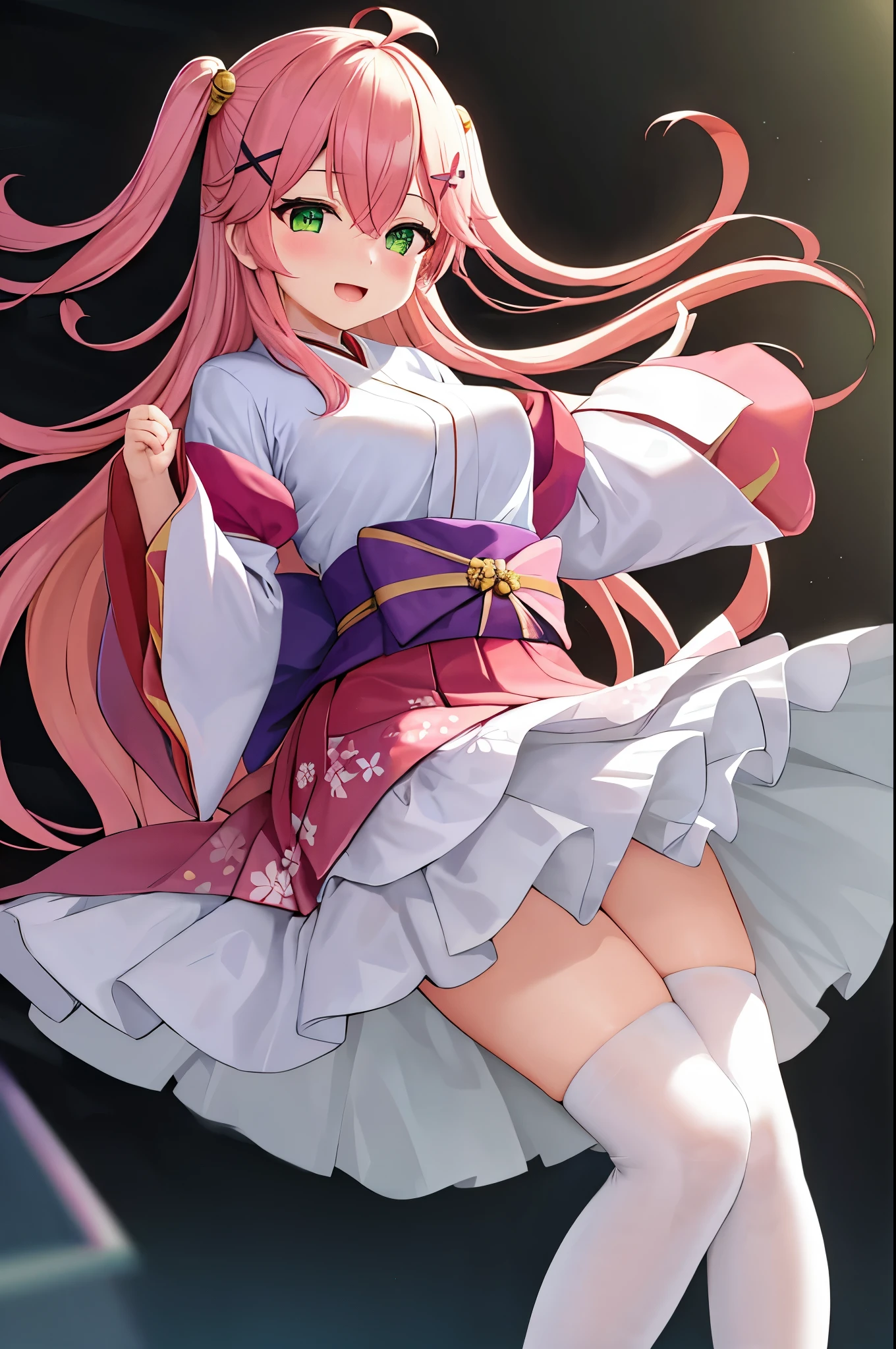 masterpiece, best quality, highres, sakura_miko, 1girl, (:1.3),medium_breasts, kimono, solo, ahoge, x_hair_ornament, pink_hair, floral print, hairclip,(side_less_clothes:1.3), (side_breasts:1.3), hair_bell, floral print, long_hair, hair between eyes, one side up, white_thighhighs, wide sleeves, open_mouth,(happy:1.3),green_eyes,smile,apart_legs,(overly_long_sleeves:1.3),),sleeves_past_wrists,hands_hidden_sleeves,sidelock_clothes,solo,hidden_wrists,(XD:1.5),covered_nipples,sunlight,(bare_flank:1.3),boots,open_mouth,kimono,close_eyes,apart_legs