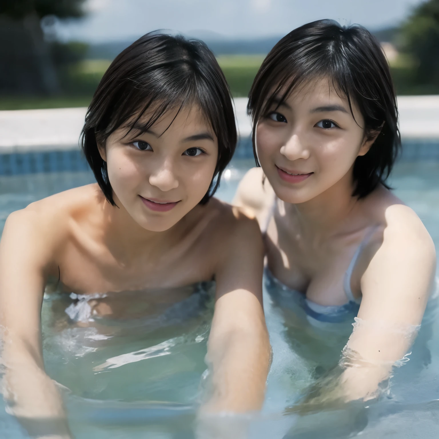 2 people、全nakedで、Identical twin sisters immerse themselves in a large bathhouse, Japanese, 16 years old, realistic, beautiful and detailed face、naked、Big bath, (short hair, Wet), smile,