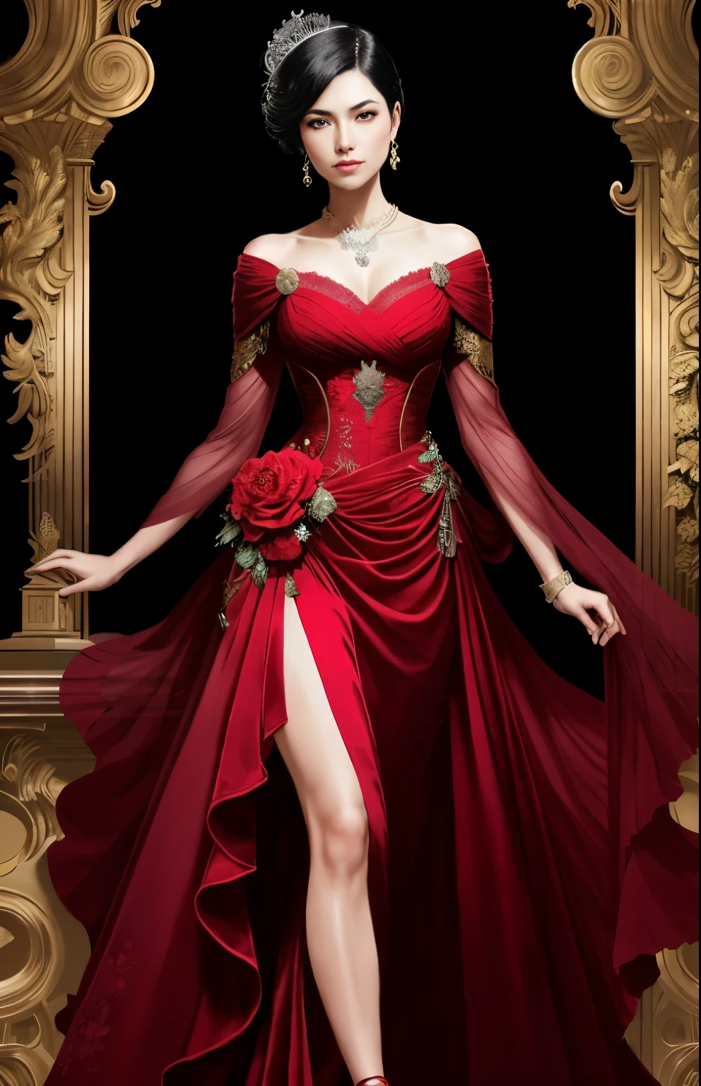 (masterpiece,highest quality,超A high resolution),japanaese girl with pony tail hair (((Very beautiful 35 year old girl))), pretty woman, a woman in the mermaid long train silk red gown,the gown is very long, wear modern hijab, full body, long satin, red satin mermaid tight long gown, flowy dramatic long gown, tall women, random pose, strugle to walk, wear high heels, masterpice (Shiny red long train dress mermaid-style long skirt