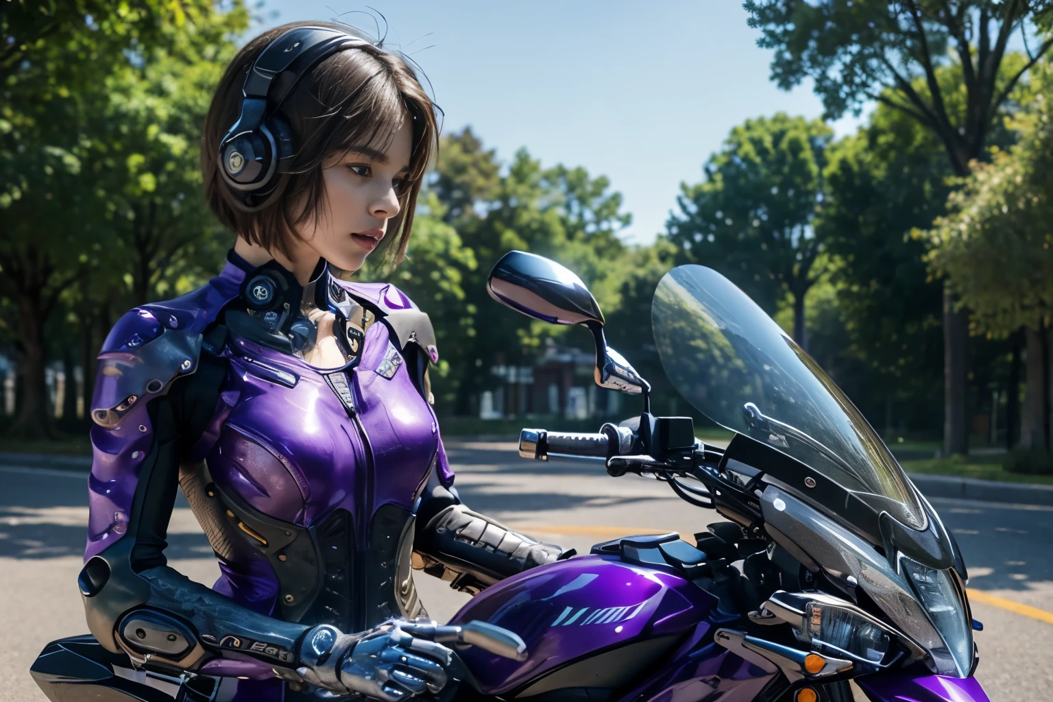 (((A woman with a mechanized body))), dynamic podium: 1.3), (realistic:1.5), (realistic:1.4), 8k, Super detailed beautiful girl, 1 girl, (a sunny day:1.5), intricate body details, (short: 1.3), (highest quality: 1.0), (Super high sharpness: 1.0), (thin hair:1.4),(Beautiful and delicate depiction of eyes),(((((ride a motorcycle))))),unreal engine:1.4,photorealistic:1.4, skin texture:1.4, masterpiece:1.8,highest quality at best,(Wearing the communication headset、future city、((cybernetics))、(((purple wear)))、metal fingers、long limbs、((gears in joints))