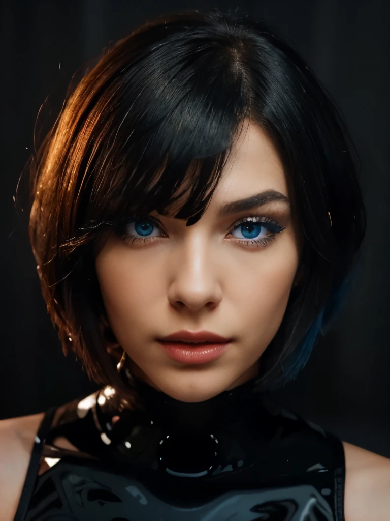 a 22 year old woman named Bella Brown, serious expression and striking appearance. My hair (((My hair, cut into a bob, takes on a black tone that reflects like a cascade of brilliant light. The combination of modern cut and unusual color gives the face a contemporary and futuristic look.))), framing my face and highlighting my very very large and bright blue eyes more than a normal human being, magnetic brightness. My full lips are slightly parted, as if I'm about to say something. Her button nose is redder than the rest of her pale skin. My (electric blue colored eyebrows) are thick, giving me a bold look. My cheekbones are high and defined and my eyelashes are long and curled. The lips, painted in bold shades of bright orange. Their chromatic intensity completes the extraordinary ensemble, giving an aura of glamor and sophistication to this girl with a memorable face.