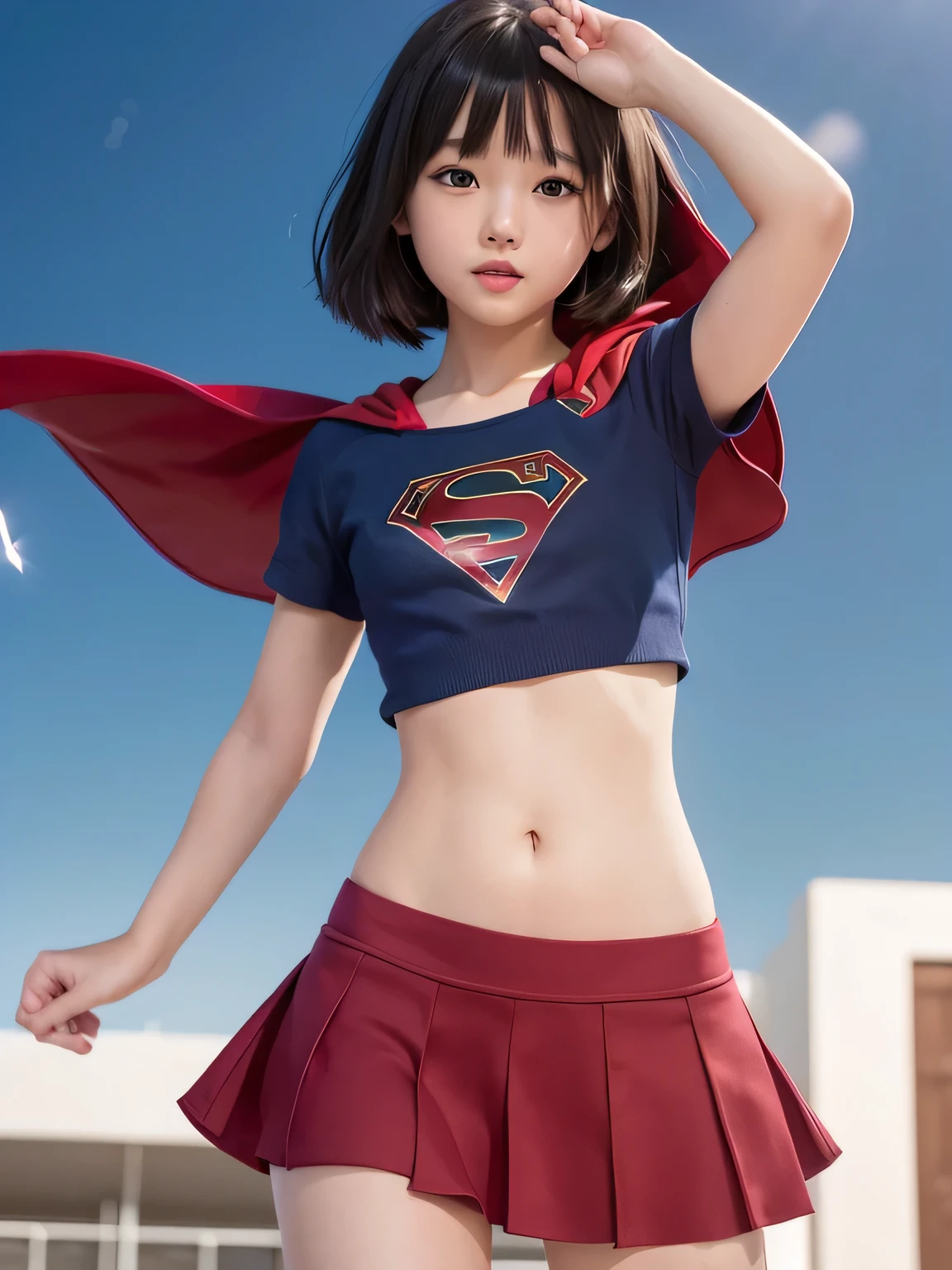 A very elementary school student is wearing Supergirl clothes..、masterpiece、highest quality、Spreading black hair、bob cut with trimmed ends、(flat chest)、lolicon、red cloak、belly button、Glowing heart particles dance in the air、Rooftop background with pool、(whole body)、smile、