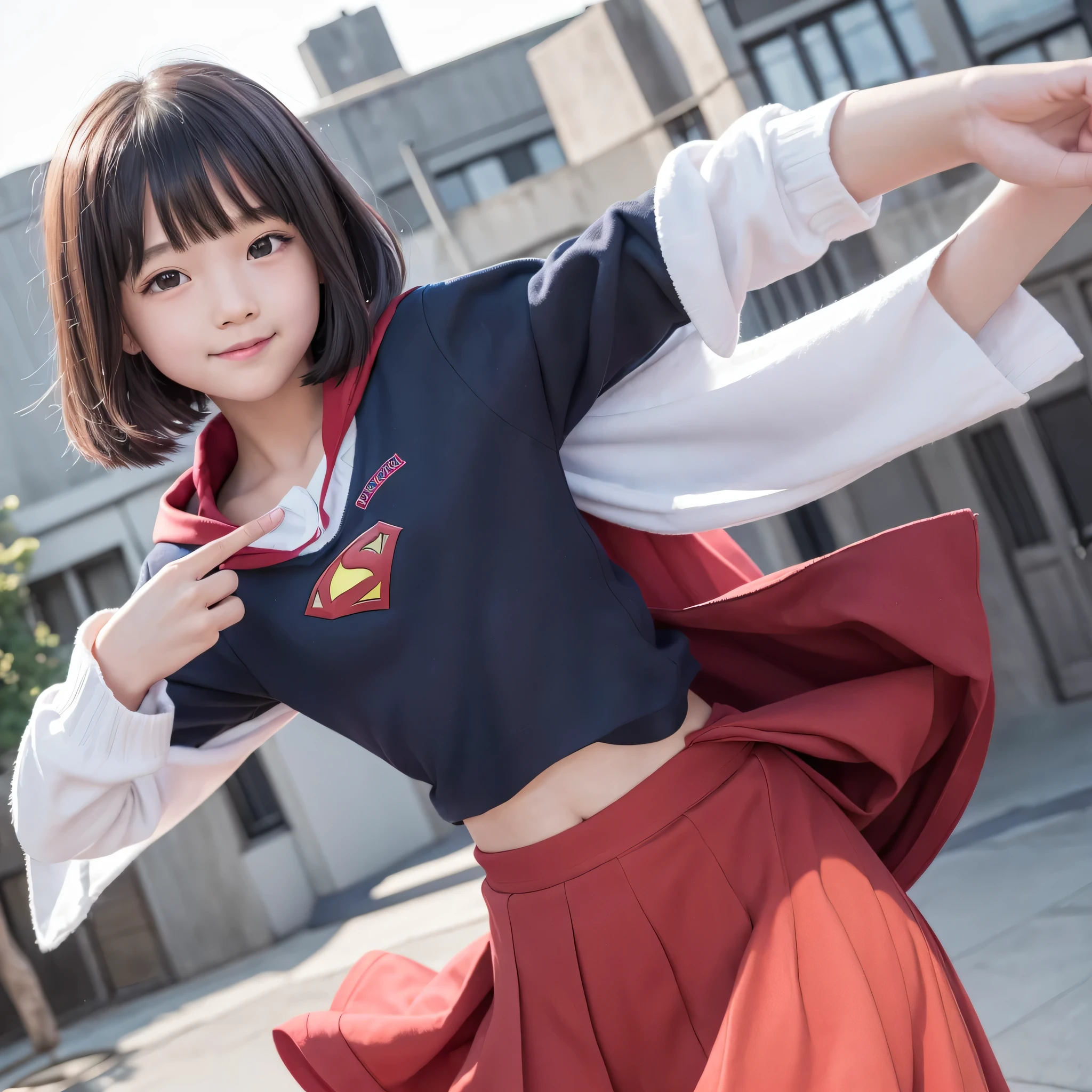 A very elementary school student is wearing Supergirl clothes..、masterpiece、highest quality、Spreading black hair、bob cut with trimmed ends、(flat chest)、lolicon、red cloak、belly button、Glowing heart particles dance in the air、Rooftop background with pool、(whole body)、smile、