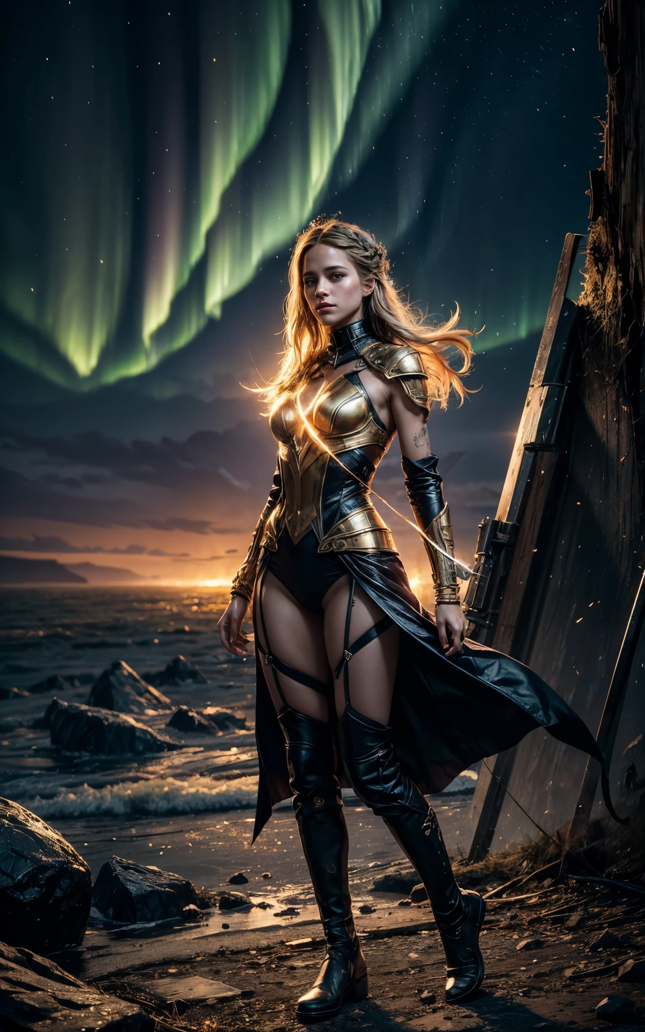 (Alicia Vikander) is Freya the nordic goddess, pale skin, messy, Full body, Beautiful anime waifu style girl, hyperdetailed painting, luminism, art by Carne Griffiths and Wadim Kashin concept art, Iceland background, northern lights, abstract beauty, approaching perfection, pure form, golden ratio, minimalistic, dark atmosphere, unfinished, concept art, intricate details, 8k post production, high resolution, hyperdetailed, trending on artstation, sharp focus, studio photo, intricate details, highly detailed,