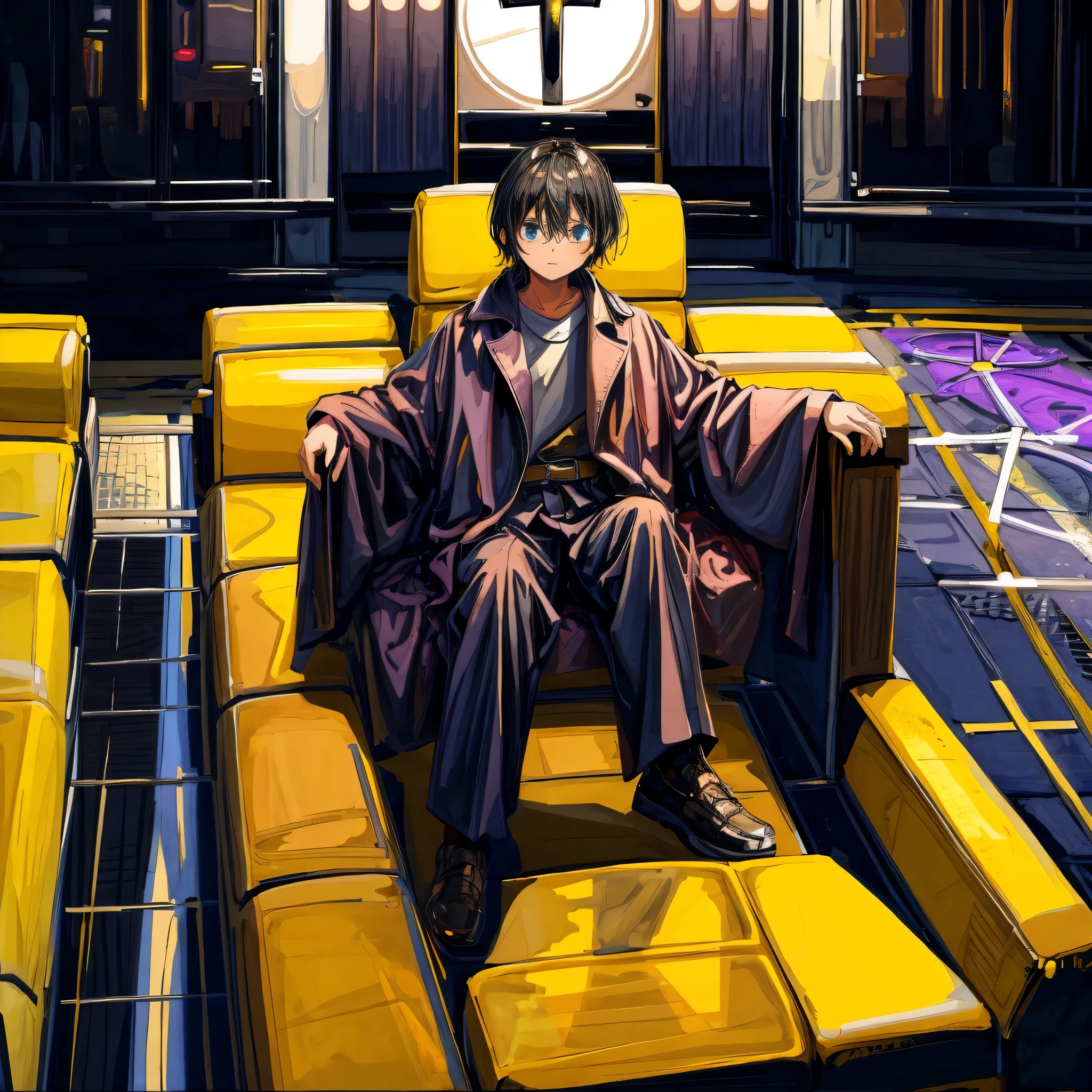 menino cabelo preto liso com franja, and illuminated by his faith leaning against a cross