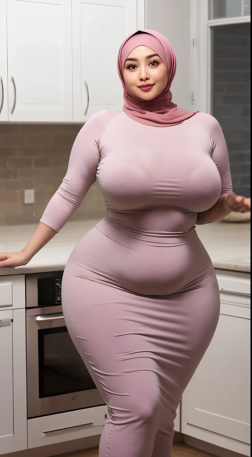 Kitchen,woman in a hijab, she has a jiggly round belly, thick body, thick neck, her belly is and round, skinny waist and thick hips, curvy figure, curvy hourglass figure, thick, busty, wide hips, hourglass figure, wearing tight simple clothes, bbwchan,dress long slevees,armpits