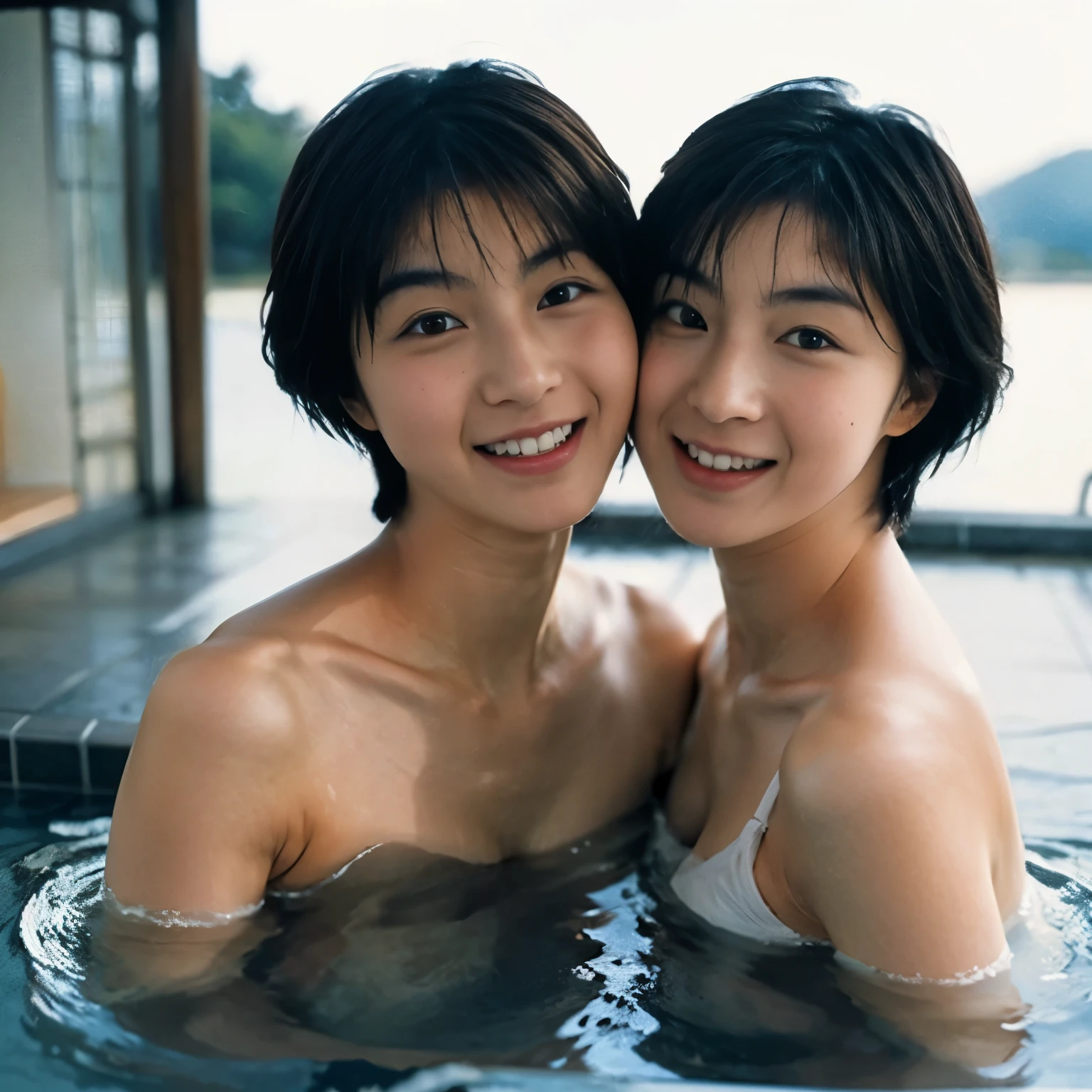 Cute 2 people、全nakedで、Identical twin sisters immerse themselves in a large bathhouse, Japanese, , realistic, beautiful and detailed face、naked、Big bath, (short hair, Wet), smile, 