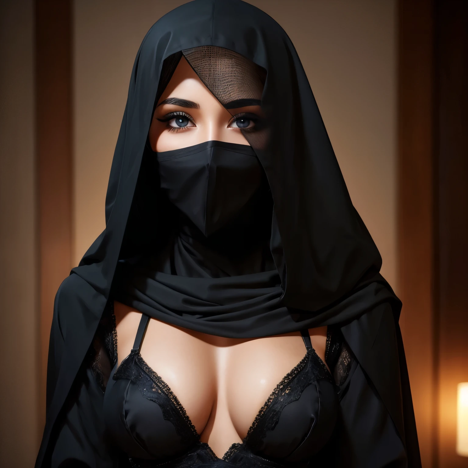 Sexy woman, standing, Arabian clothing, not revealing, black cloth covering head and face except eyes, beautiful eyes