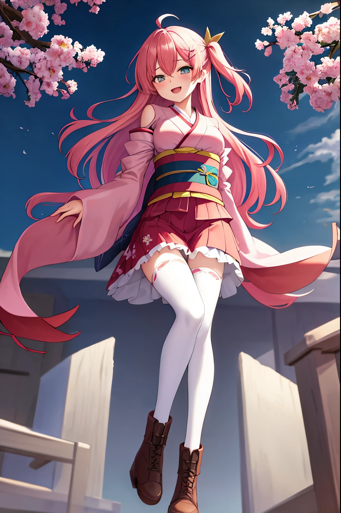 masterpiece, best quality, highres, sakura_miko, 1girl, (teen:1.3),medium_breasts, kimono, solo, ahoge, x_hair_ornament, pink_hair, floral print, hairclip,(side_less_clothes:1.3), (side_breasts:1.3), hair_bell, floral print, long_hair, hair between eyes, one side up, white_thighhighs, wide sleeves, open_mouth,(happy:1.3),green_eyes,smile,apart_legs,(overly_long_sleeves:1.3),),sleeves_past_wrists,hands_hidden_sleeves,sidelock_clothes,solo,hidden_wrists,(XD:1.5),covered_nipples,sunlight,(bare_flank:1.3),boots,open_mouth,kimono,close_eyes,apart_legs