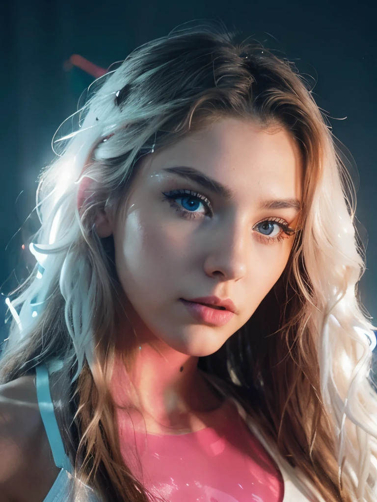 a 22 year old woman named Bella Brown, serious expression and striking appearance. My hair (((long wavy hair in fluorescent white neon))), framing my face and highlighting my very very large blue eyes and brighter than a normal human being, magnetic brightness. My full lips are slightly parted, as if I'm about to say something. Her button nose is redder than the rest of her pale skin. My electric blue tinted eyebrows are thick, giving me a bold look. My cheekbones are high and defined and my eyelashes are long and curled. The lips, painted in bold shades of bright orange. Their chromatic intensity completes the extraordinary ensemble, giving an aura of glamor and sophistication to this girl with a memorable face.