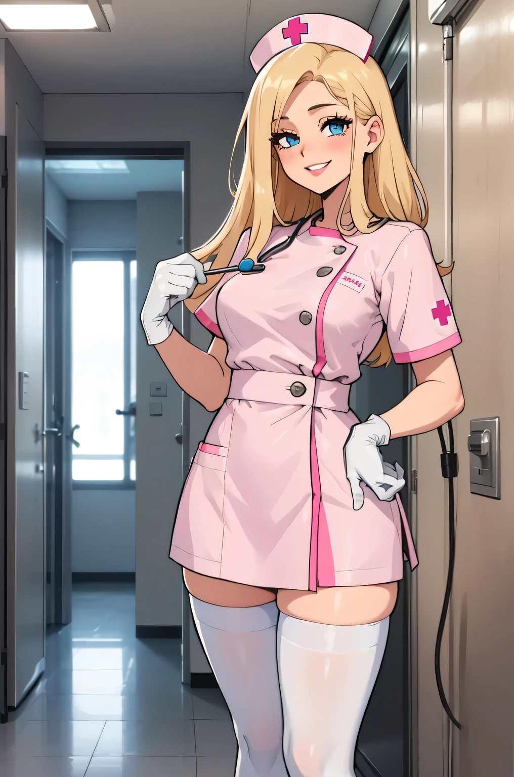 1 female, alone, nurse, nurse cap, white clothes, ((white legwear, zettai ryouiki)), white gloves, blonde hair, blue eyes, pink lips, smile, Are standing, ((hospital room)), sharp outline, short sleeve, mature woman, 35 years old, highest quality, masterpiece