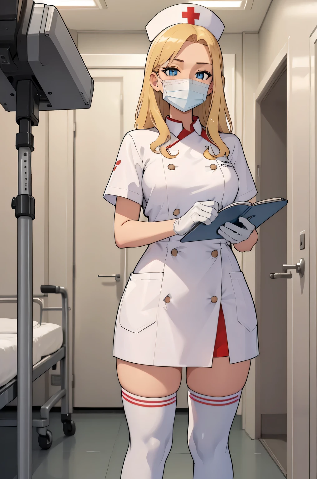 1 female, alone, nurse, nurse cap, white clothes, ((white legwear, zettai ryouiki)), white gloves, blonde hair, blue eyes, ((white surgical mask, covered nose)), Are standing, ((hospital room)), sharp outline, short sleeve, mature woman, 35 years old, highest quality, masterpiece