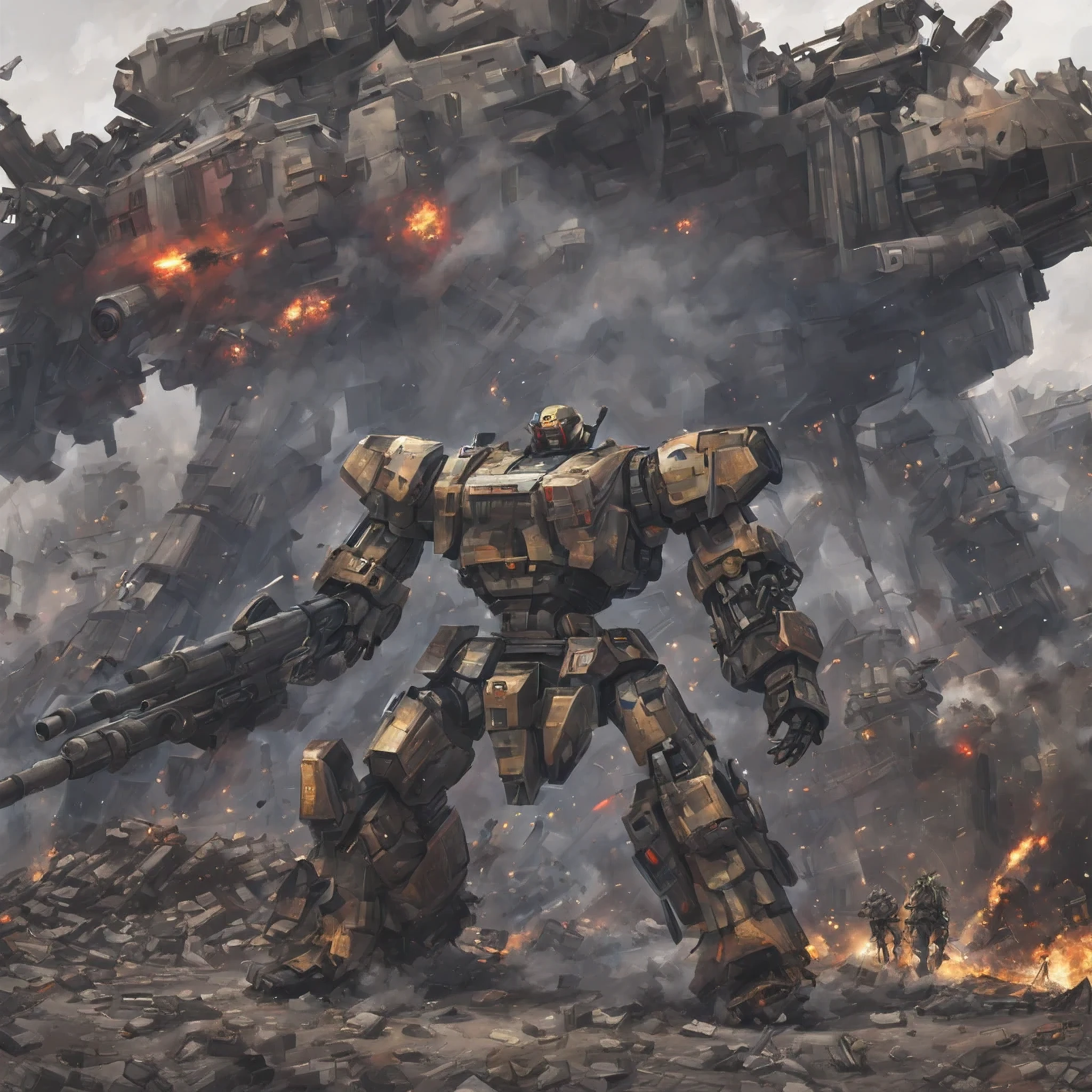 A giant robot is standing, calm head, combat readiness, rifle, missile pod, machine gun, Huge cannon, very detailed, battlefield, fire, cigarette, explosion, super robot style,