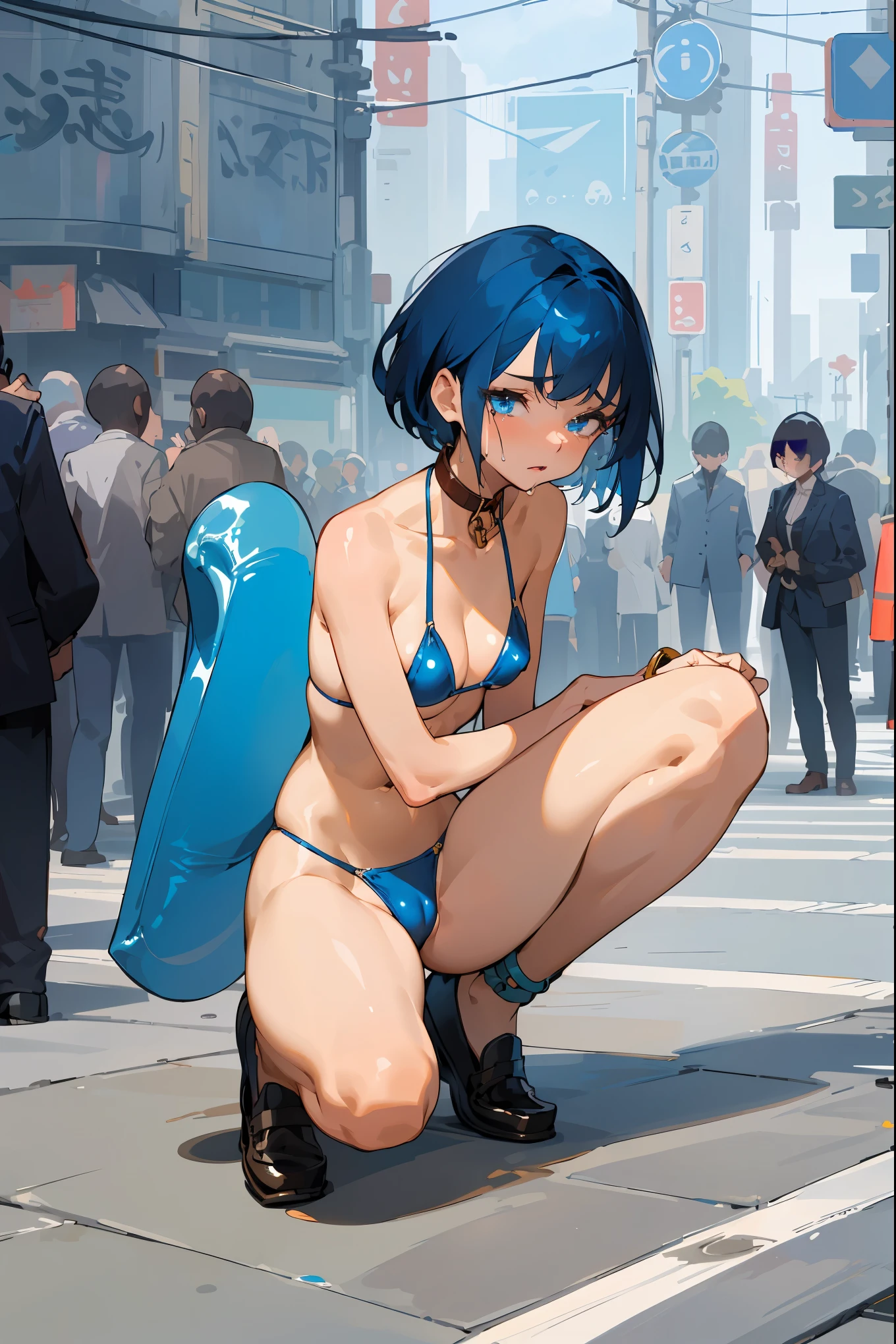 (masterpiece),((best quality)),detailing,1woman solo,25 year old beauty、(extremely beautiful detailed anime face and eyes),dark blue hair,short  hair,blue eyes,expression of patience、shy look,crying,steam,small head,ideal ratio body proportions,medium breasts,(gleaming skin,oily skin,shiny skin),(Perfect Anatomy),incontinence,squatting,spread legs:1.2,(blue micro bikini、camel toe)、leather collar、Chained collar),leather loafer shoes、outdoors、bustling street、large crowd of people、Tokyo、