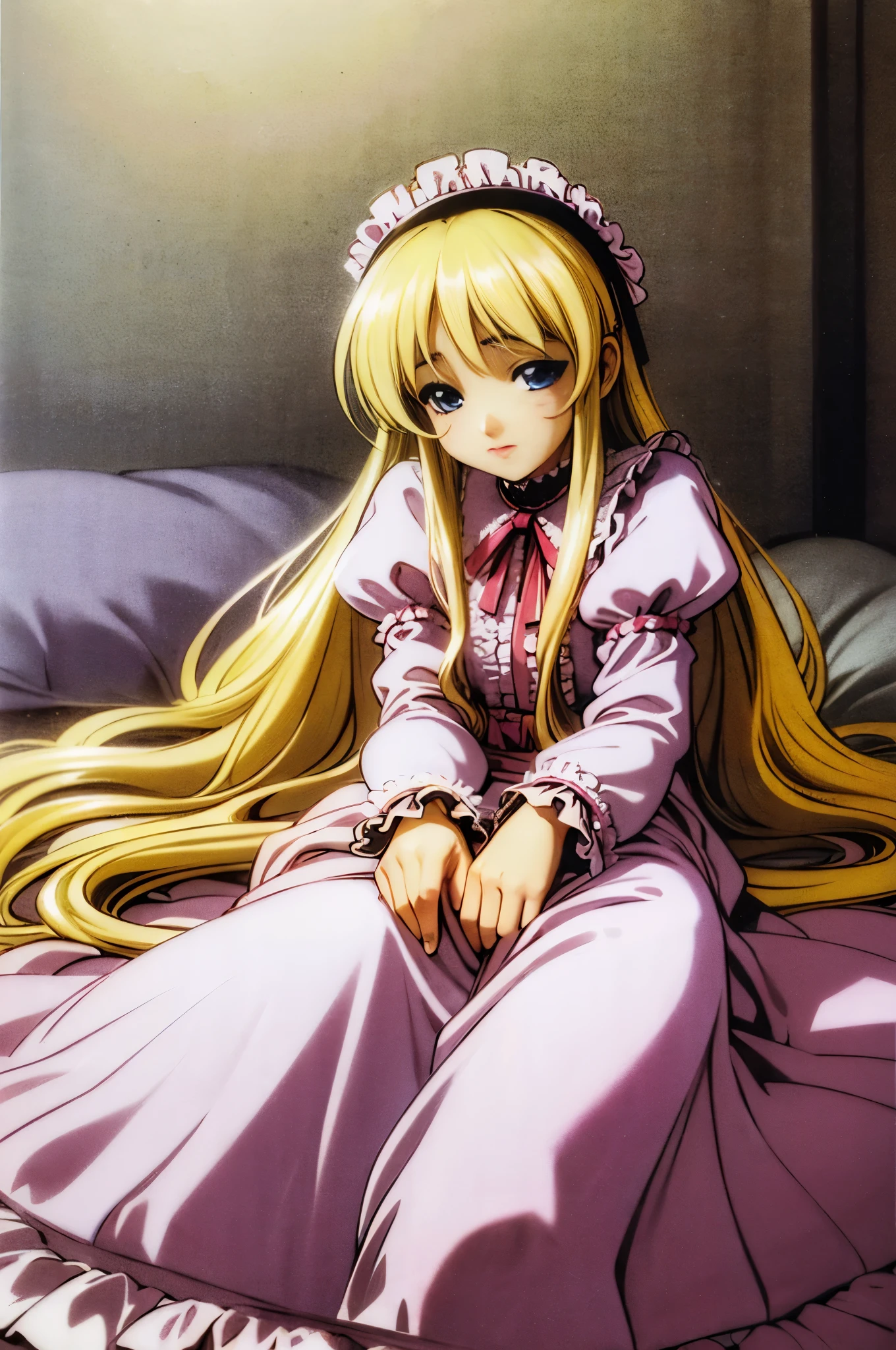 ,highest quality, masterpiece, highest resolution, artwork, super それにget used to it, many get used to it, get used to it, それにget used to it, 3K anime illustration,(( 10 year old girl)),Super detailed baby face,high quality small face,long blonde hair that grows to the waist,blue eyes,白い肌のeuropean,pajamas, european,(((super long blonde hair))),curly hair,blue eyes,((((ピンクのロリータファッションのlong skirtのワンピースドレス)))),((Pink dress with lots of frills and ribbons)),((Luxurious headdress with frills and ribbons)),detailed headdress,,(((big yoke collar))),Yoke collar with ruffles and ribbons,((((long sleeve)))),ruffle sleeves,((((long skirt)))),white ruffle and lace socks,large frill and ribbon pillow,detailed costume,ピンクの贅沢なcanopy bedの上,canopy bed,The bed is surrounded by luxurious curtains,many frilly pillows on the bed,super detailed background,detailed bed,romantic atmosphere,soft pink comforter,soft ruffle pillow,Beautiful girl illustration,detailed beautiful face detailed hair,detailed human eye ,detailed mouth, arm details,fine hands,Detailed pillow,wide bed,Illustration on the bed, ,((((round futon)))),((((A large ruffled futon that covers the entire bed)))),detailed comforter,detailed bedシーツ,