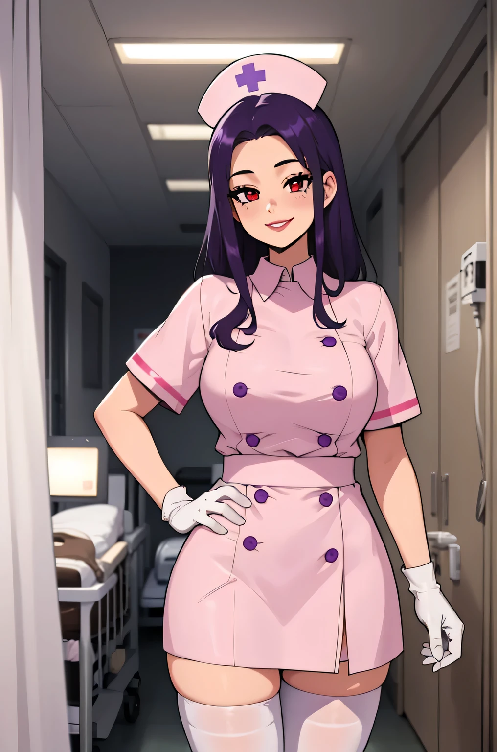 1 female, alone, nurse, nurse cap, white clothes, ((white legwear, zettai ryouiki)), white gloves, long hair, purple hair, red eyes, pink lips, smile, Are standing, ((hospital room)), sharp outline, short sleeve, mature woman, 35 years old, highest quality, masterpiece