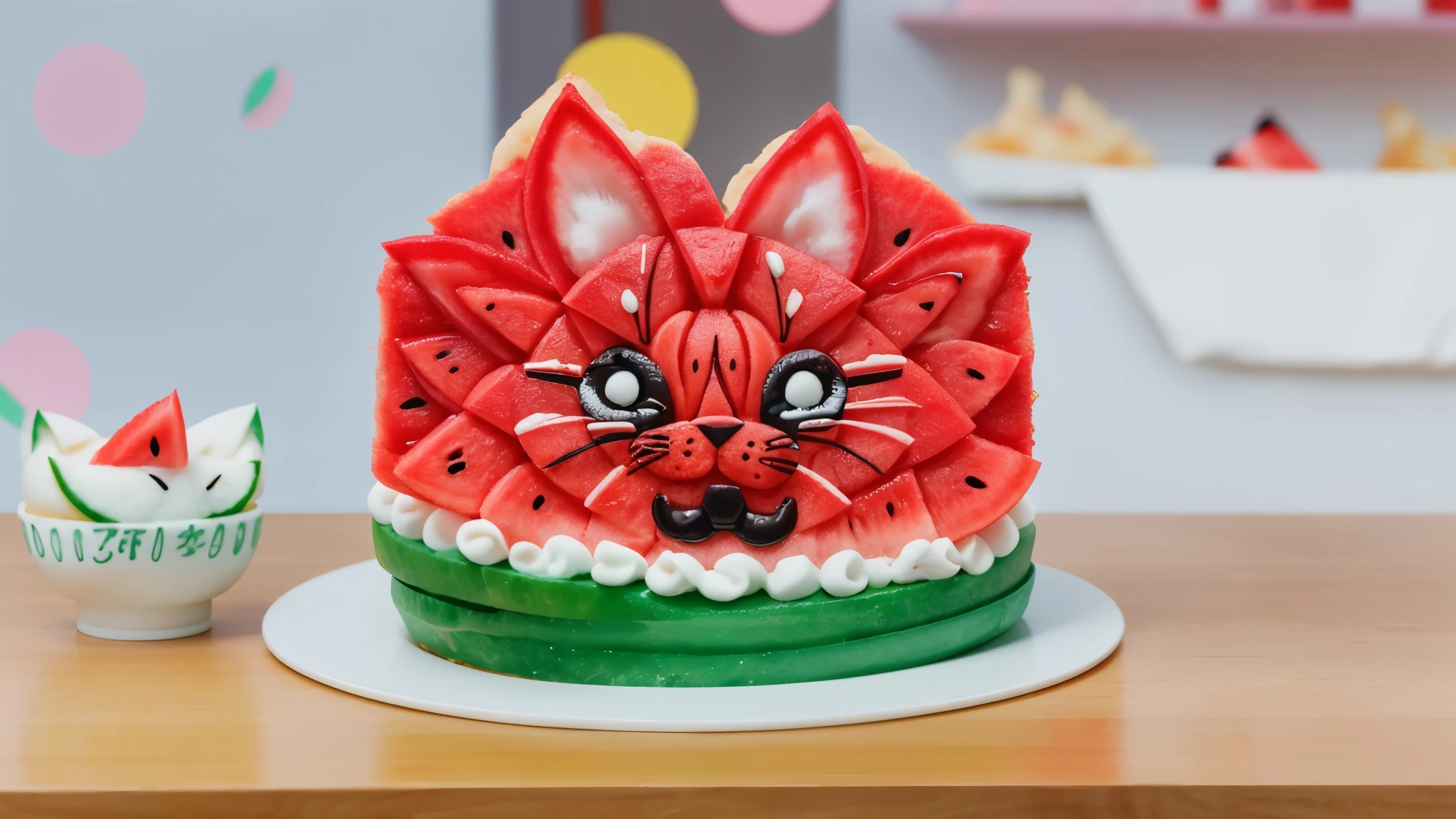 there is a pie with a cat face on it and a cuppie, animal - shaped pie, pie, Watermelon core, Kitten Sandwish, pie art, inspired by the art of Kubishi, based on Choi Book, inspired by Ke Jiuxi, Fully decorated, birthday pie, added detail, sugar, detailed image, very disturbing, very disturbing