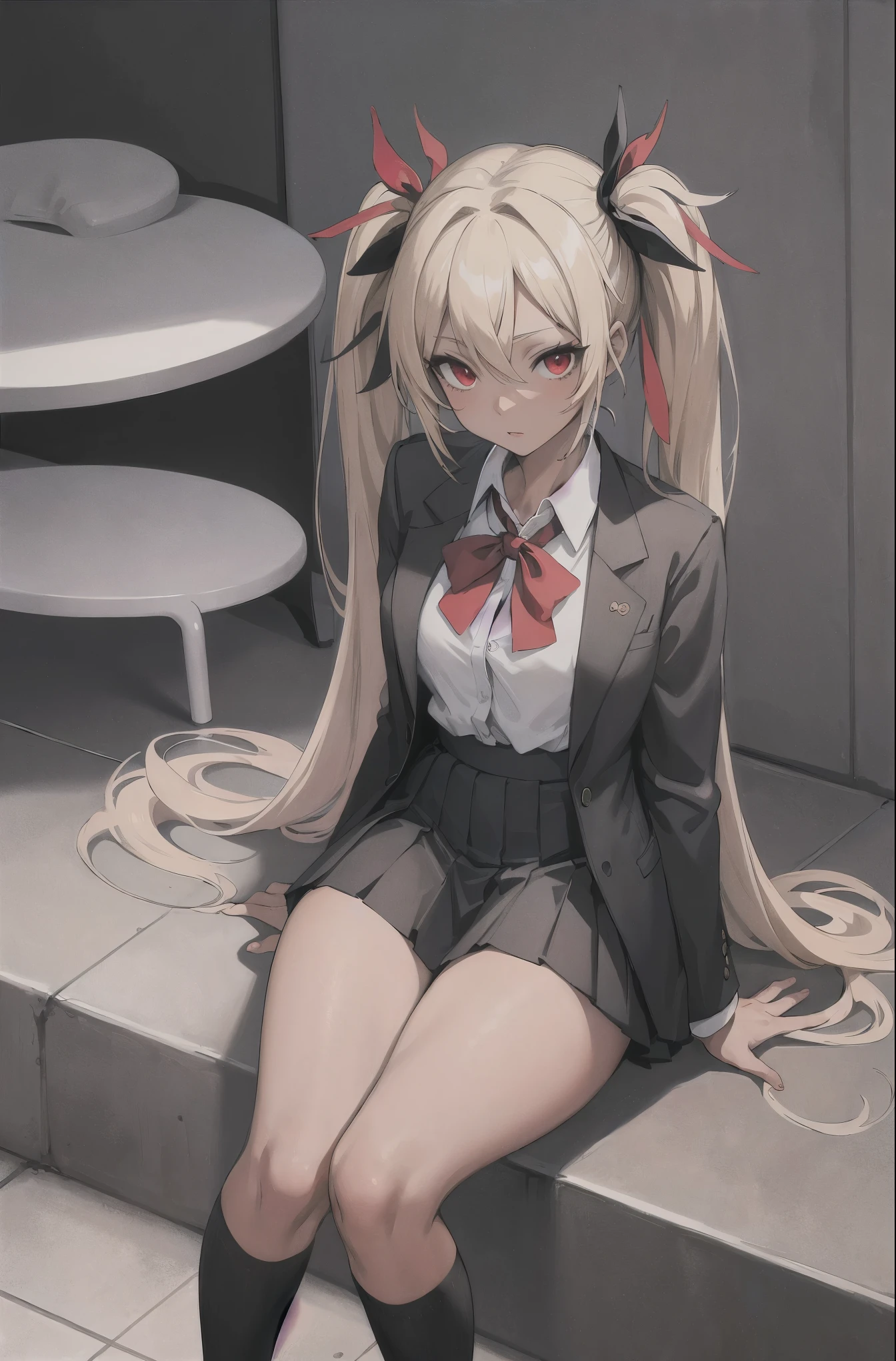 (masterpiece:1.2, highest quality), 1 female, alone, school uniform,Day, sit, blonde, twin tails, red eyes, Open collaboration bone, black skin, (open chest:1.1),