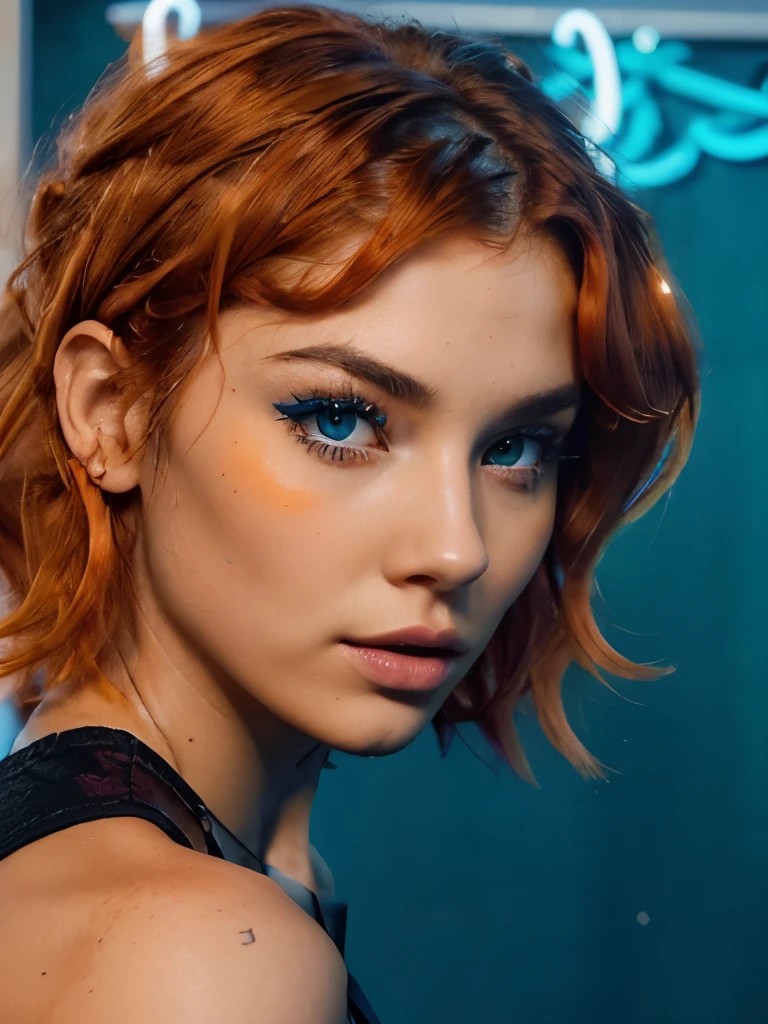 a 22 year old woman named Bella Brown, serious expression and striking appearance. My hair (((neon orange short wavy hair))), framing my face and highlighting my very very large blue eyes and brighter than a normal human being, magnetic brightness. My full lips are slightly parted, as if I'm about to say something. Her button nose is redder than the rest of her pale skin. My electric blue tinted eyebrows are thick, giving me a bold look. My cheekbones are high and defined and my eyelashes are long and curled. The lips, painted in bold shades of bright orange. Their chromatic intensity completes the extraordinary ensemble, giving an aura of glamor and sophistication to this girl with a memorable face.