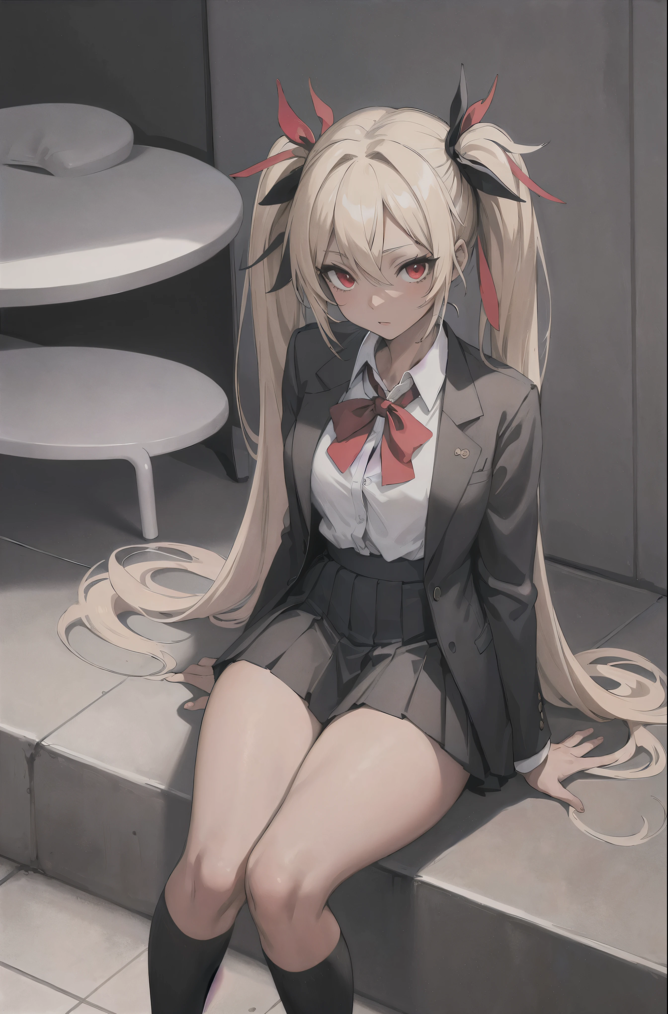 (masterpiece:1.2, highest quality), 1 female, alone, school uniform,Day, sit, blonde, twin tails, red eyes, open collaboration bone, black skin, (open chest:1.1),