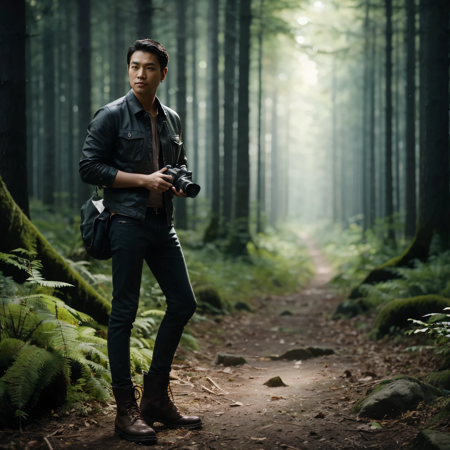 Full body,cinematic portrait Asian man
with short slicked back hair wearing boots,
standing in the forest with a photo
camera, an outdoor photographer,
background with subtle light,in a magical forest,man walking in the forest,in a
green forest,mystical forest,professional photography,advertising shooting,face looking at the camera,portrait from the side,realistic