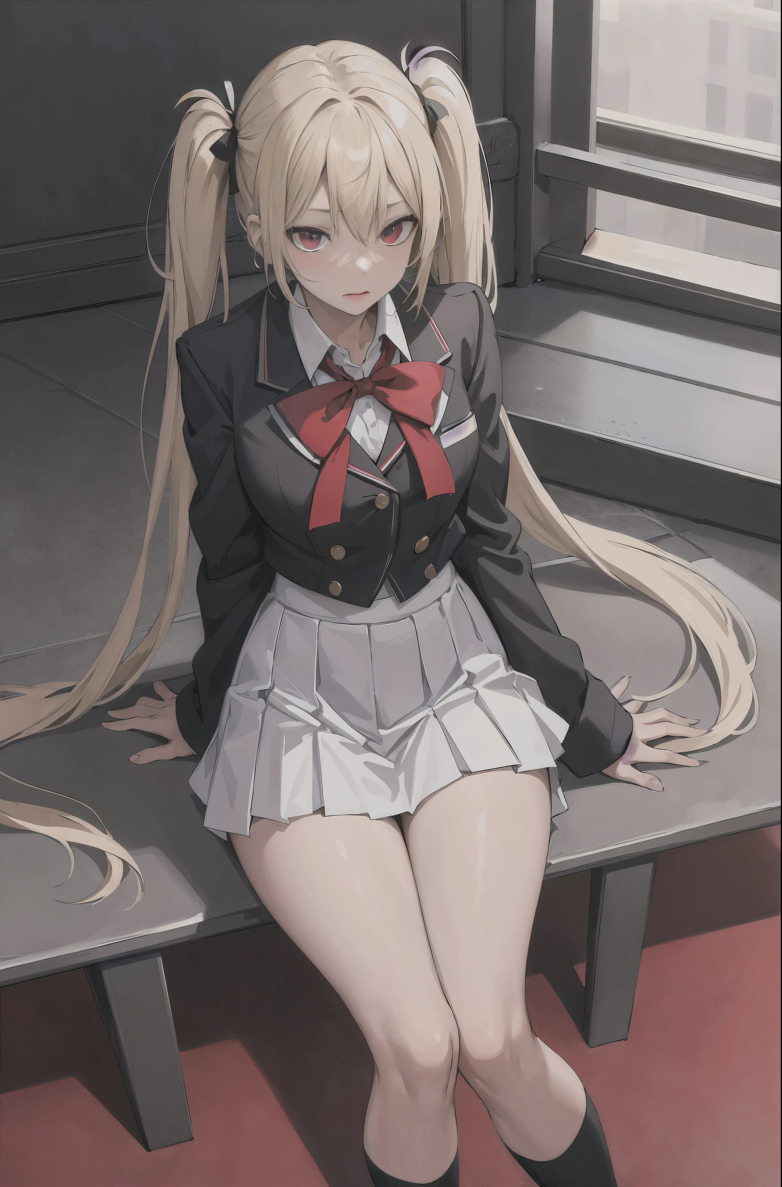 (masterpiece:1.2, highest quality), 1 female, alone, school uniform,Day, sit, blonde, twin tails, red eyes, open collaboration bone, black skin, (open chest:1.1),