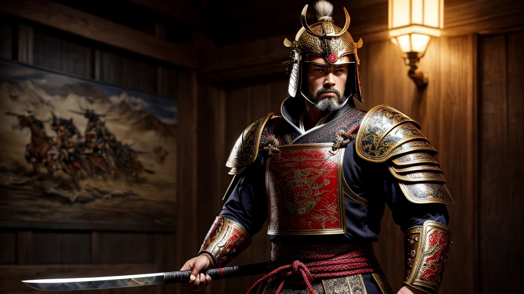 (best quality, 4k, 8k, high resolution, masterpiece: 1.2), ultra detailed, (realistic, photorealistic, photorealistic: 1.37), a samurai, traditional armor, ultra-fine painting, HDR, UHD, studio lighting, physics. Based on rendering, professional, vivid colors, long katana, shiny metallic armor, cloth tunic with intricate patterns, Shiroyama hill background sharp focus, polished helmet, decorative insignia, stoic and fierce expression, powerful posture, rippling muscles and defined physique, styled hair. , Artistic representation, spectacular lighting, color grading to enhance the traditional feel, authentic samurai footwear.