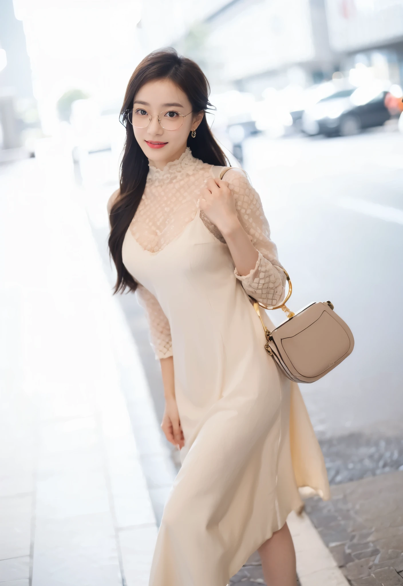 ((Masterpiece, Top image quality, high resolution、alone、skin shiny))(on the table, best quality, actual, super detailed, meticulous, high resolution, 8k wallpaper), Close-up portrait of a beautiful woman, like, smiling, light brown messy hair, Perfect dynamic composition, 美丽meticulous的眼睛, Just like the cover of a fashion magazine, on campus,wearing gold glasses