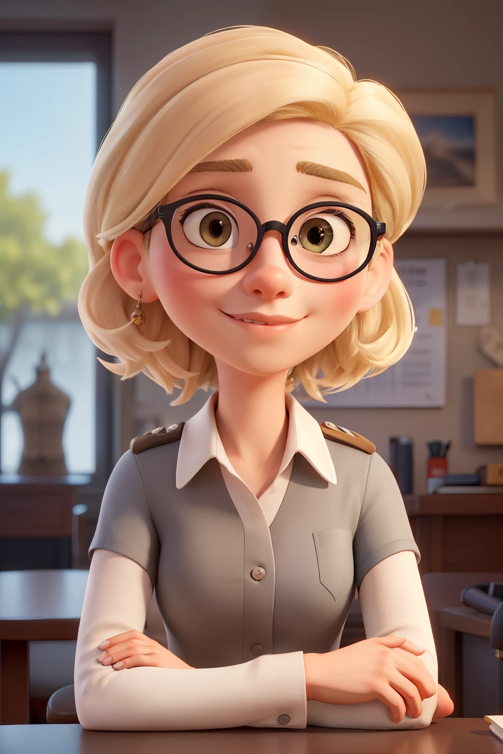 ((best quality)), ((work of art)), (detailed), perfect face, woman, short blonde hair, black eyes, round glasses, gas station uniform