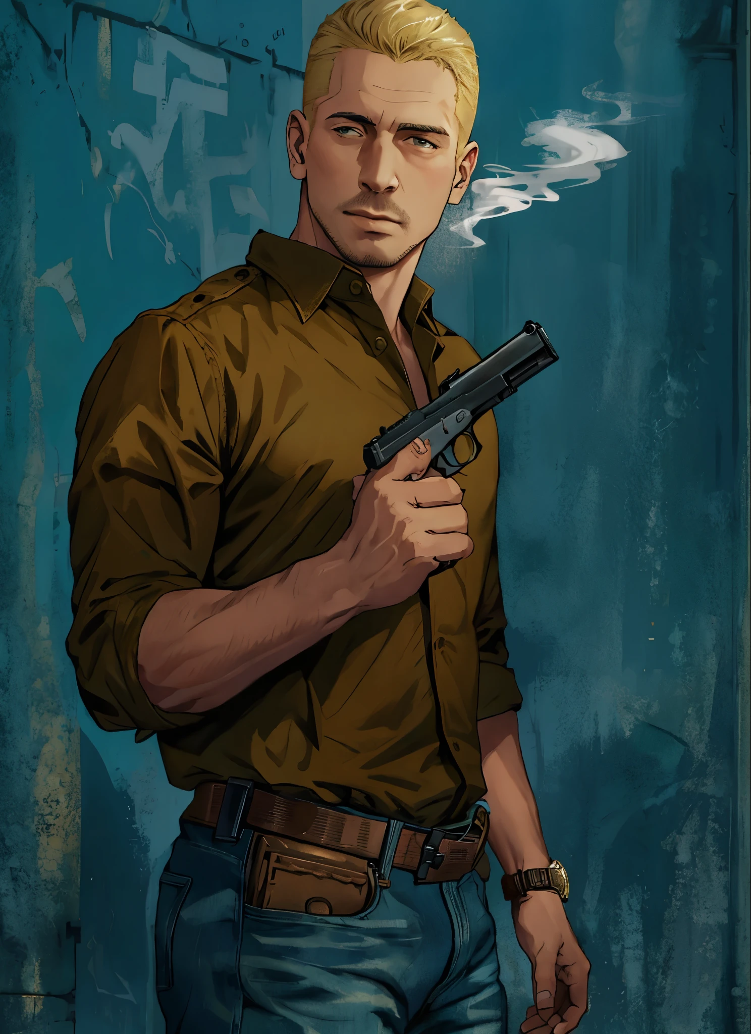 arafed man holding a gun in his right hand and a watch on his left hand, with pistol, man with a gun, smoking and holding a gun, holding a revolver, holding gun, holding a gun, holding a pistol, with a gun, holding handgun, holding pistol, holding a glock, maxim shirkov, carrying a gun, blonde hair, new york backdrop