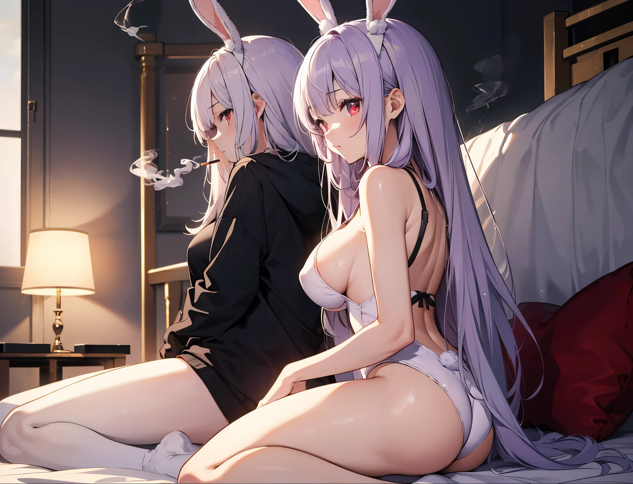 Close-up,highest quality, ultra detail, High quality CG drawing, The most delicate and beautiful, Floating gently, High resolution, (1 girl), (Highest image quality,4K,8K,masterpiece:1.2) ,light purple hair,Rabbit,Bunny ears,long hair,red eyes,room,Upper body,lying on the bed,defeated,,(slightly bigger breasts:1.5),sleep,Are sleeping,(Turn your back to your audience:1.3),butt,wearing a black hoodie,Smoke a cigarette,smoking,Smoke emits,profile