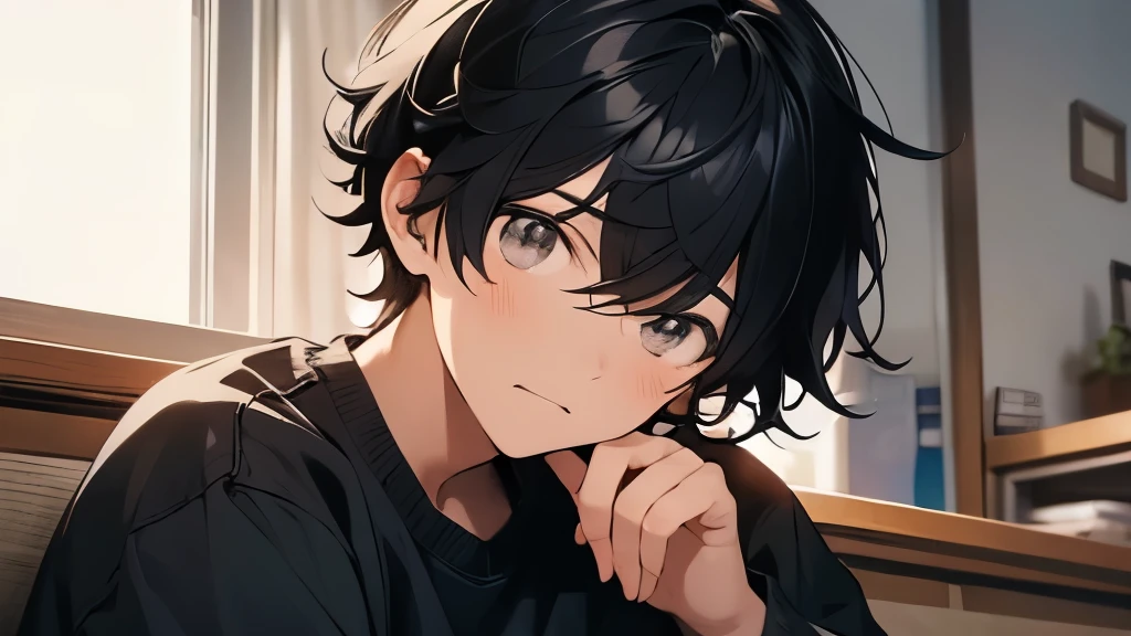 20-year-old、college boy、hair is black、serious boy、Sitting in the house、surprised face