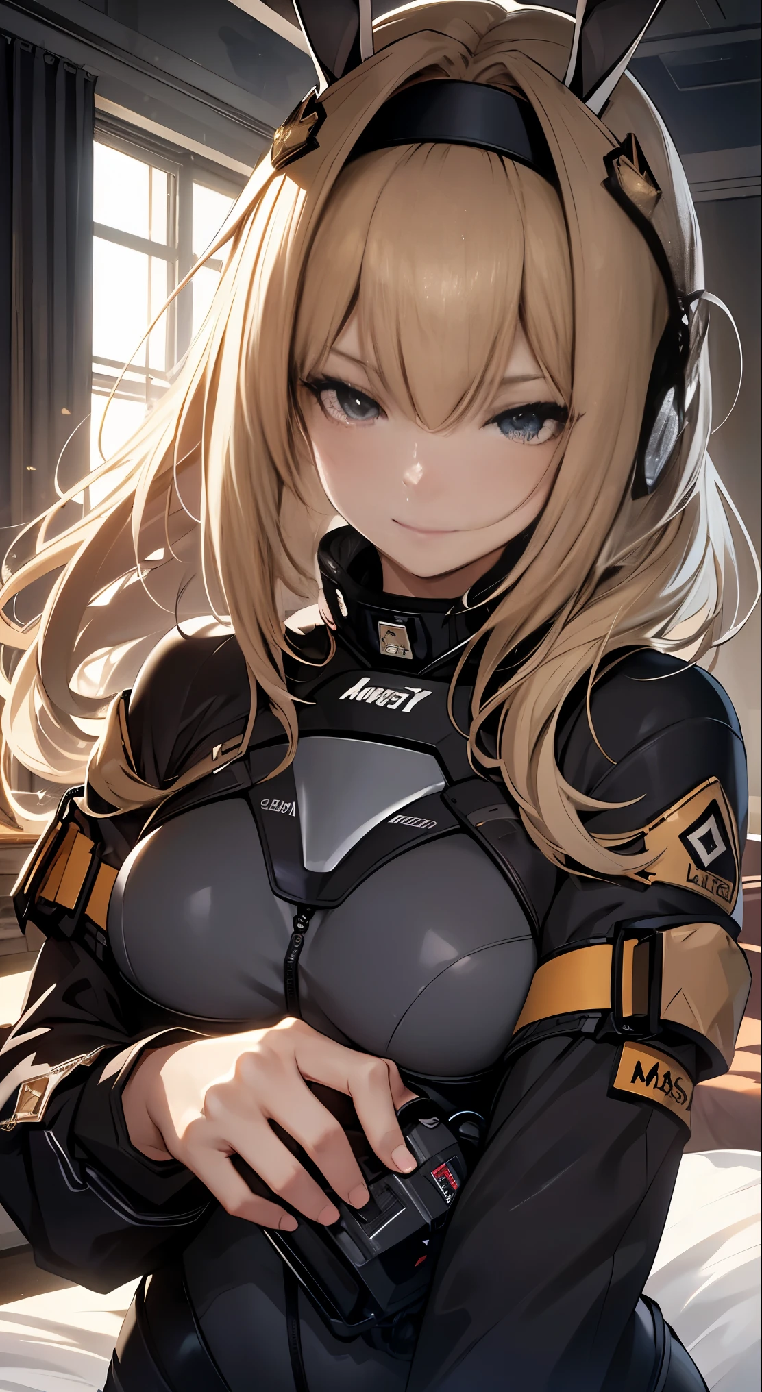 top-quality、1a person、in 8K、lineup,ultra-definition,Very dense, ((masuter piece:1.5)), ((High resolution)), ((Best Quality)), detail、Slender beautiful girl、 (A smile), (Pure black rubber suit)、 girl with,, (a blond, a short bob)、fair white skin、((、))cinmatic lighting, perfectly shaded,(((a bed))), Realistic lighting with shades,bunny ears headband,