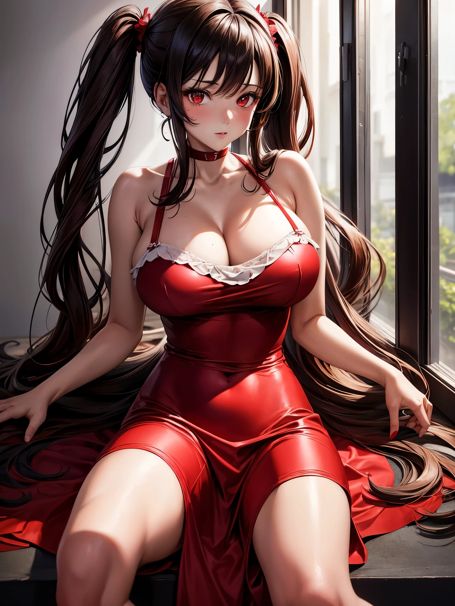 1woman, brunette back hair and half up pigtails, red eyes, sexy body and big breast, wearing a sexy red dress, ultrasharp, looking at the viewer, ((best quality)), ((masterpiece)), (detailed),