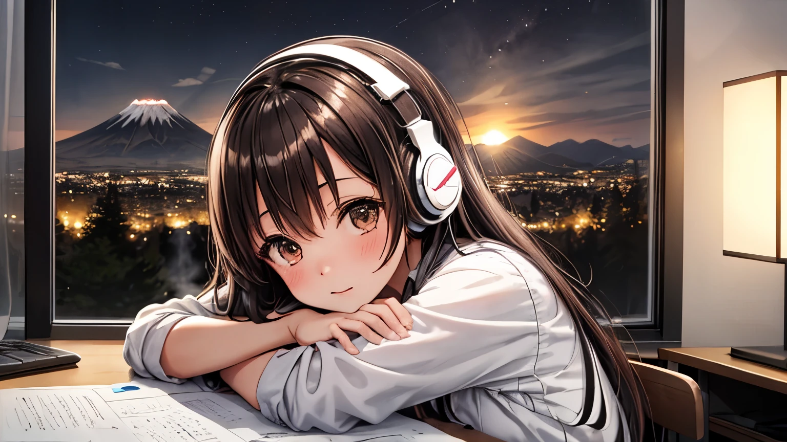 lofi research, girl, write, ~ side, 日本人のgirl, brown hair, medium long hair, headphones, summer clothes, window, mount fuji background, summer night