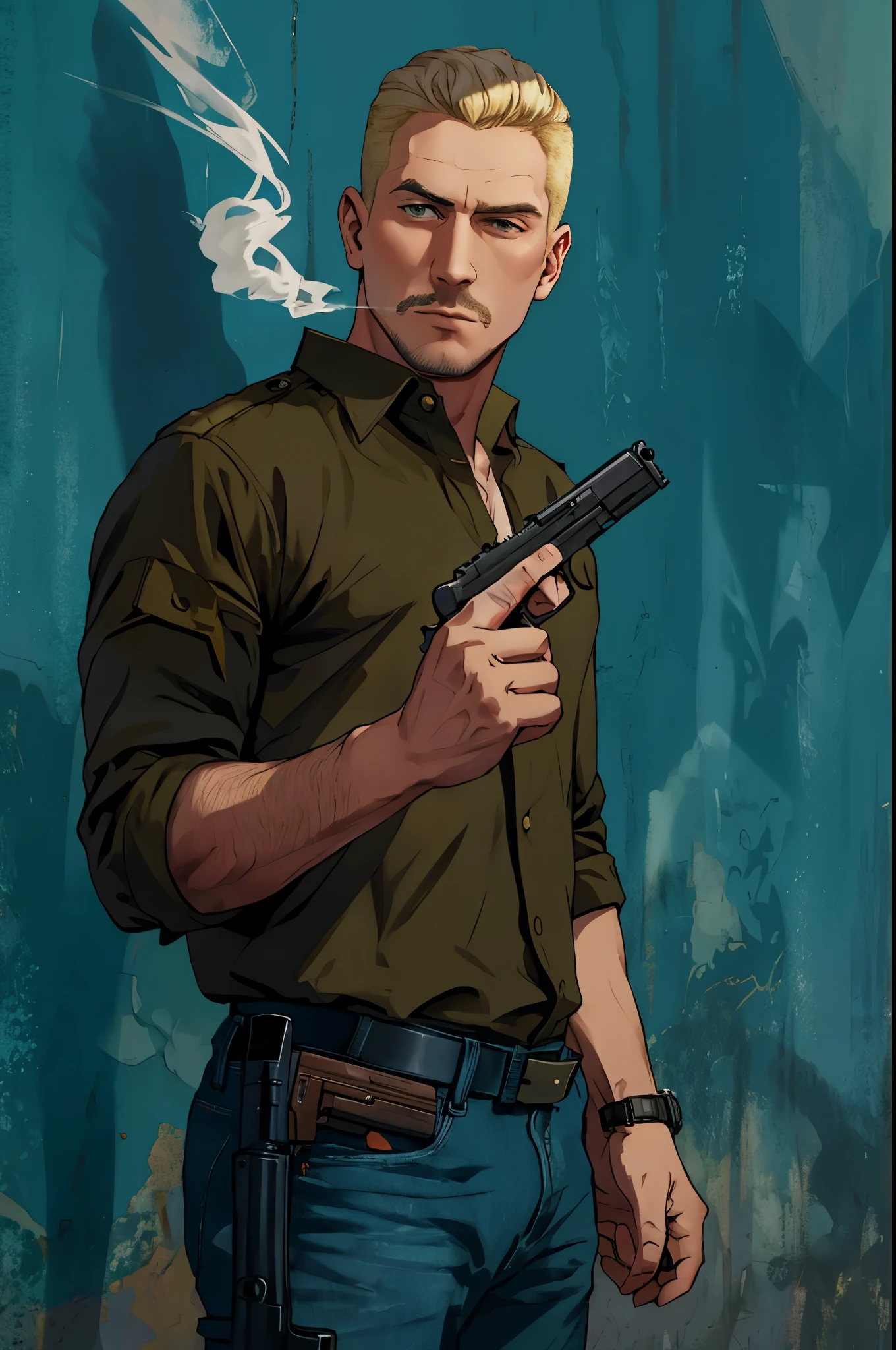 arafed man holding a gun in his right hand and a watch on his left hand, with pistol, man with a gun, smoking and holding a gun, holding a revolver, holding gun, holding a gun, holding a pistol, with a gun, holding handgun, holding pistol, holding a glock, maxim shirkov, carrying a gun, blonde hair, new york backdrop, trigger discipline