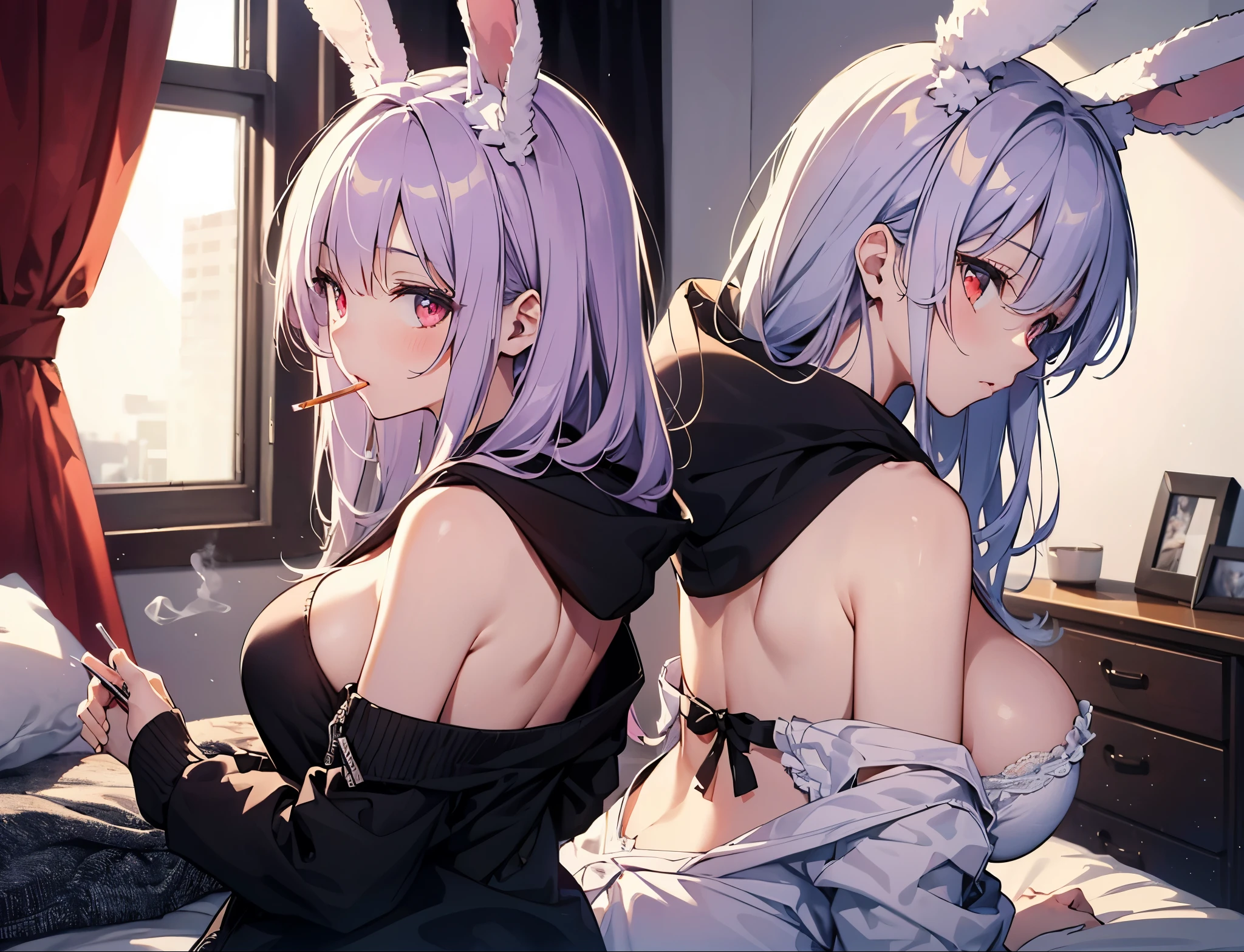 Close-up,highest quality, ultra detail, High quality CG drawing, The most delicate and beautiful, Floating gently, High resolution, (1 girl), (Highest image quality,4K,8K,masterpiece:1.2) ,light purple hair,Rabbit,Bunny ears,long hair,red eyes,room,Upper body,lying on the bed,defeated,,(slightly bigger breasts:1.5),sleep,Are sleeping,(Turn your back to your audience:1.3),butt,wearing a black hoodie,Smoke a cigarette,smoking,Smoke emits,profile