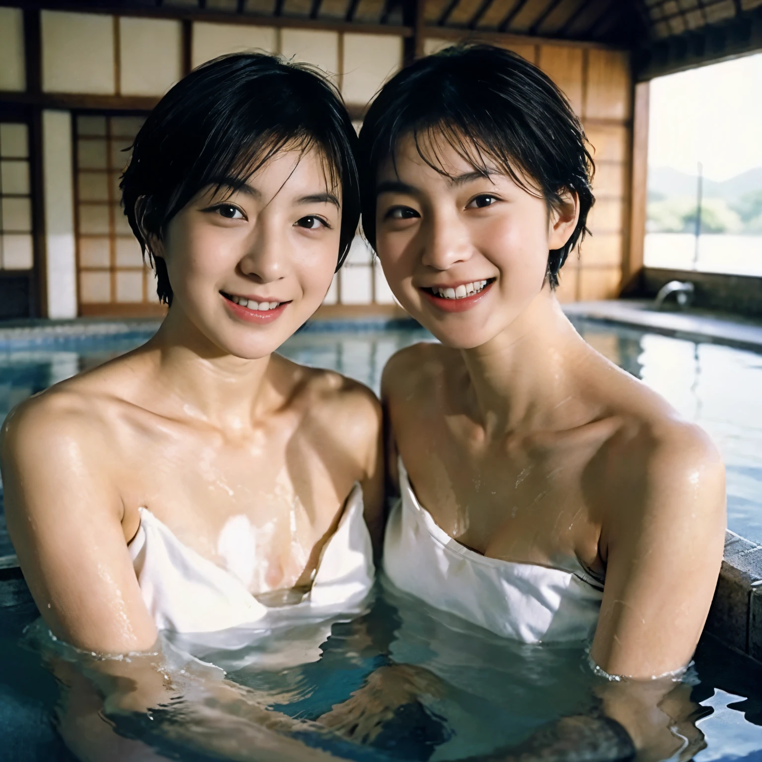 2 people、全nakedで、Identical twin sisters immerse themselves in a large bathhouse, Japanese, 16 years old, realistic, beautiful and detailed face、naked、Big bath, (short hair, Wet), smile, 